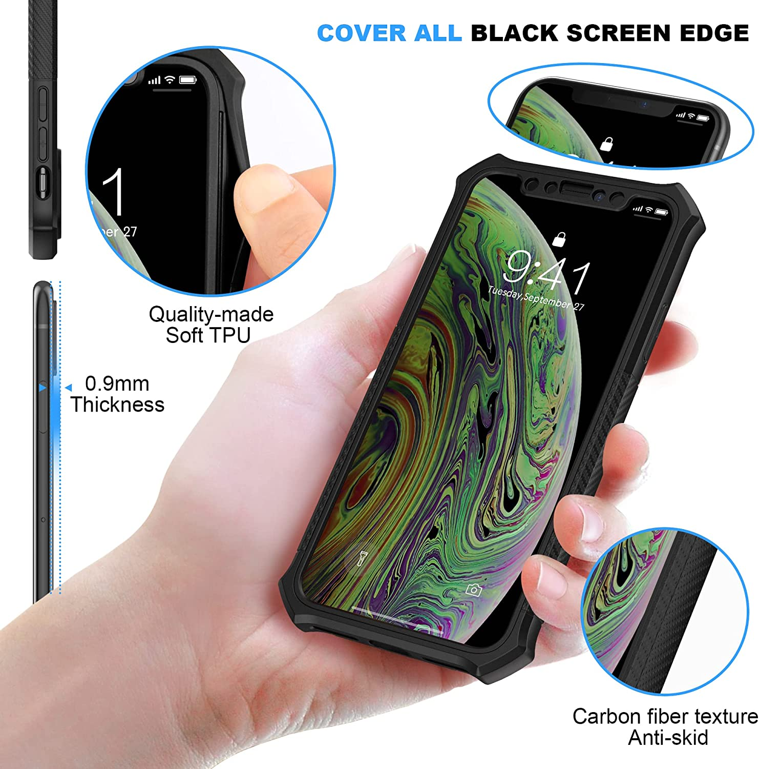 Oretech Designed for Iphone X/Iphone Xs Case with [2 X Tempered Glass Screen Protector] [Full Camera Lens Protection] Square Edge Shockproof Anti-Slip Phone Case Cover for Iphone X/XS Case-5.8" Black