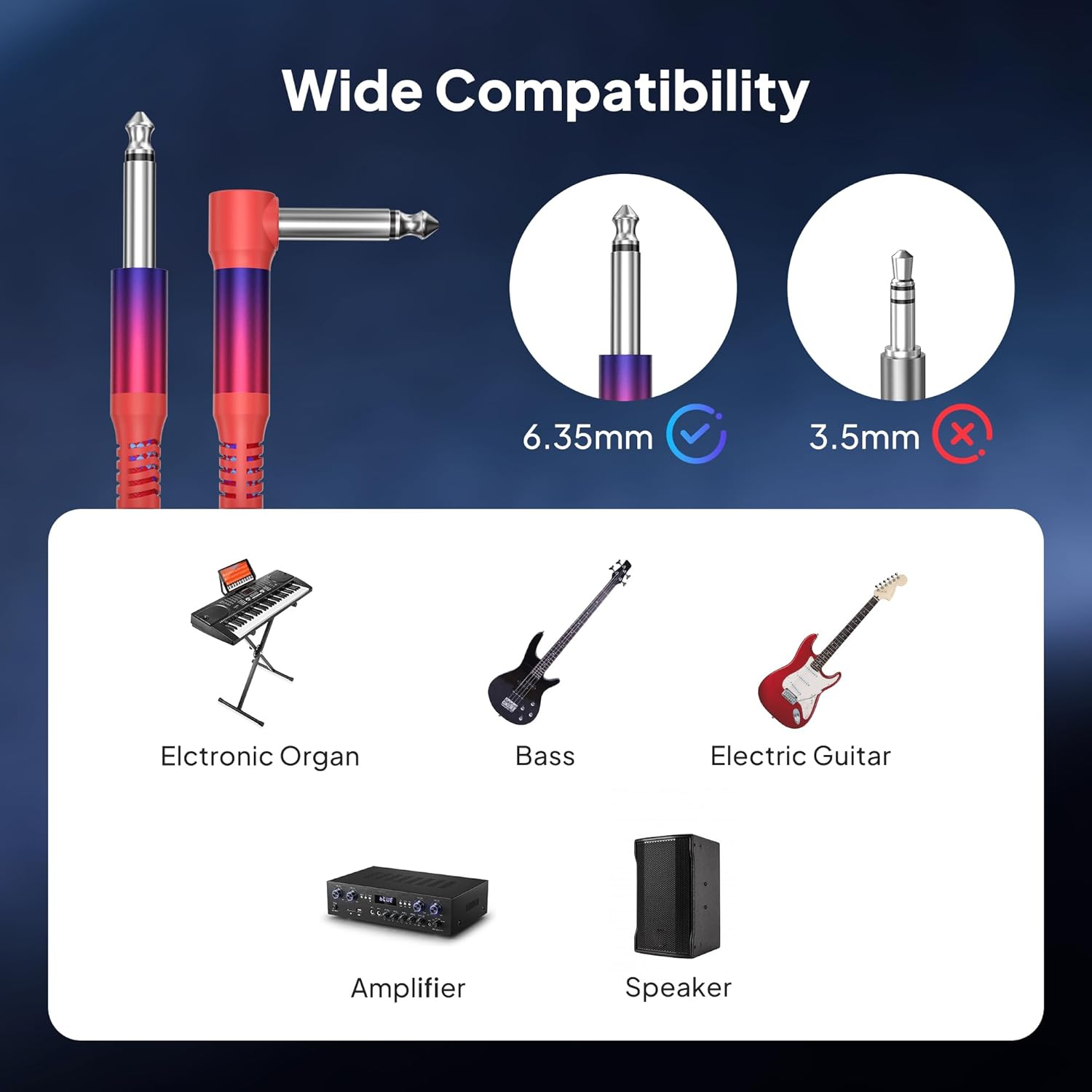 Elebase 1/4 Inch Guitar Lead 3M,Right Angled 6.35Mm Male to Male Guitar Cable,Ts Mono Quarter Instrument Amp Cord 90 Degree Audio Line for Electric Bass,Keyboard,Amplifiers,Speakers,Pedal,Colored,10Ft image number 4