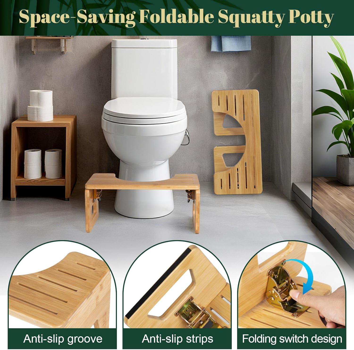 JDCQKHA 7 Inches Bamboo Toilet Stool Squat Adult, Foldable Poop Stool for Bathroom, Portable Potty Stool with Non-Slip Strip, Space-Saving, No Assembly Required (Natural Color) image number 6