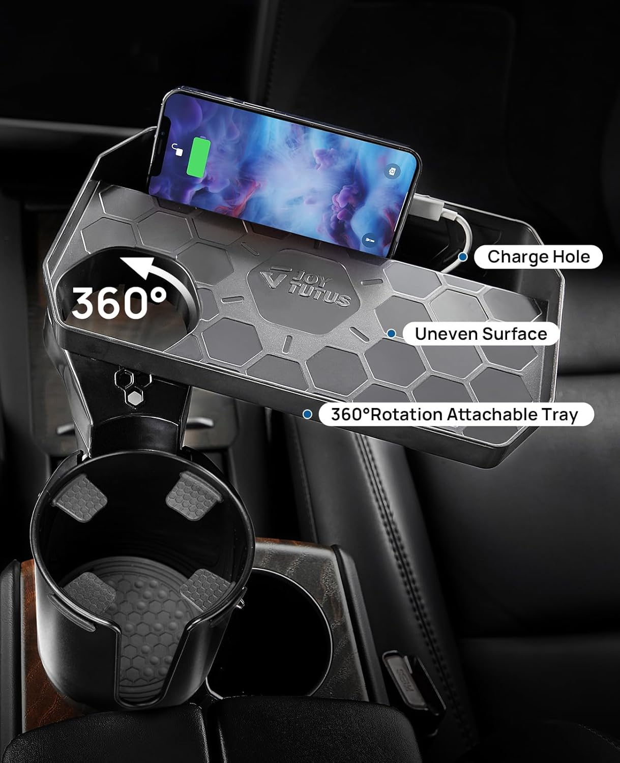 JOYTUTUS Car Cup Holder Expander, Automotive Cup Attachable Tray with 360&deg; Rotation,Large Cup Holder Adapt Most Regular Cups with 500-1000 ML, Fit in 7-9 CM Car Holder image number 1