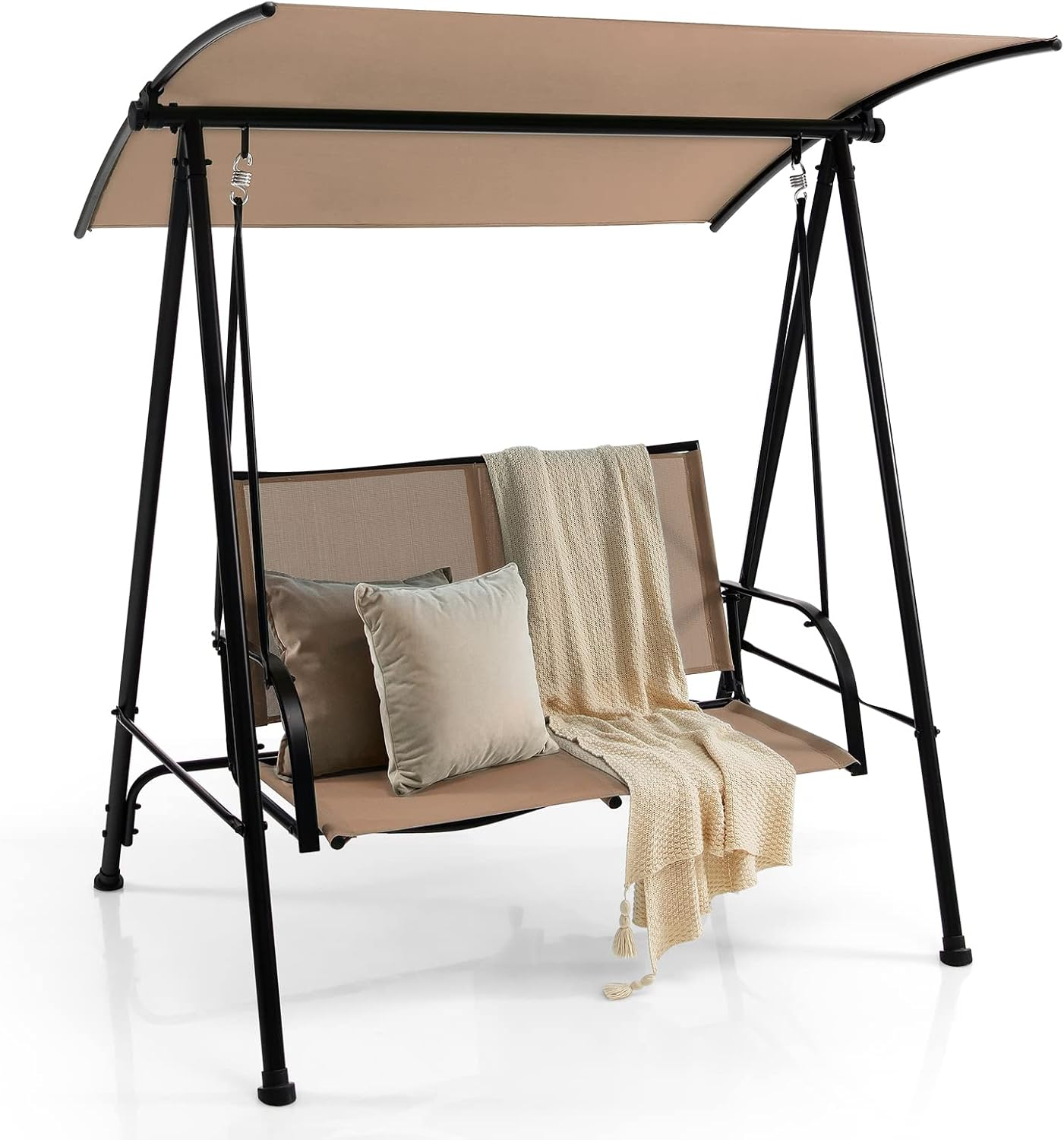 Costway 2-Seat Outdoor Swing with Adjustable Canopy, Patio Canopy Swing Bench with Comfortable Fabric Seat & Heavy-Duty Metal Frame,Outdoor Swing Loveseat for Patio, Garden, Poolside (Beige)