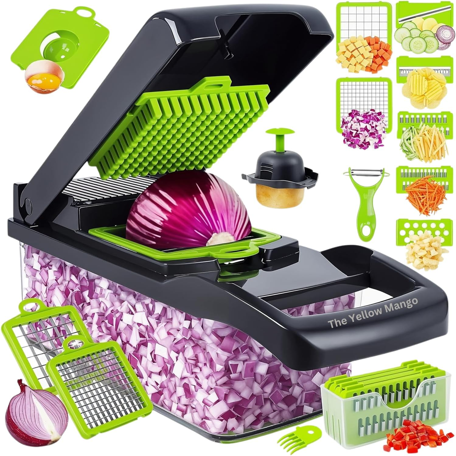 Vegetable Chopper, Multifunctional 16 in 1 Food Chop Onion Chopper Vegetable Slicer Cutter Dicer Veggie Chopper + 8 Blades,Colander Basket,Container for Salad Potato Carrot Garlic (Green+Black+White) image number 5