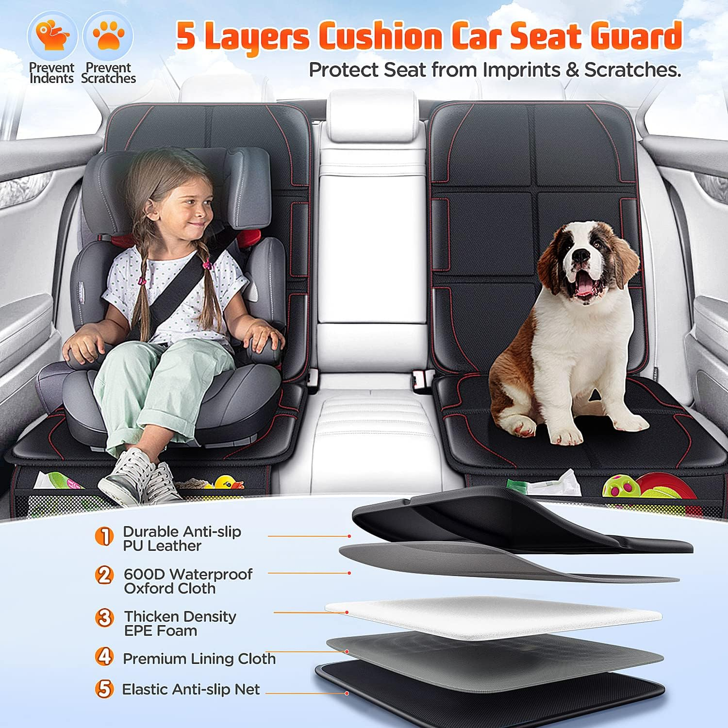 Gimars XL 5-Layer Thickest EPE Padding Car Seat Protector for Child Car Seat, Waterproof 600D Fabric Car Seat Protectors with Nonslip Backing,Storage Pockets for SUV, Sedan, Truck, Leather Seats image number 5