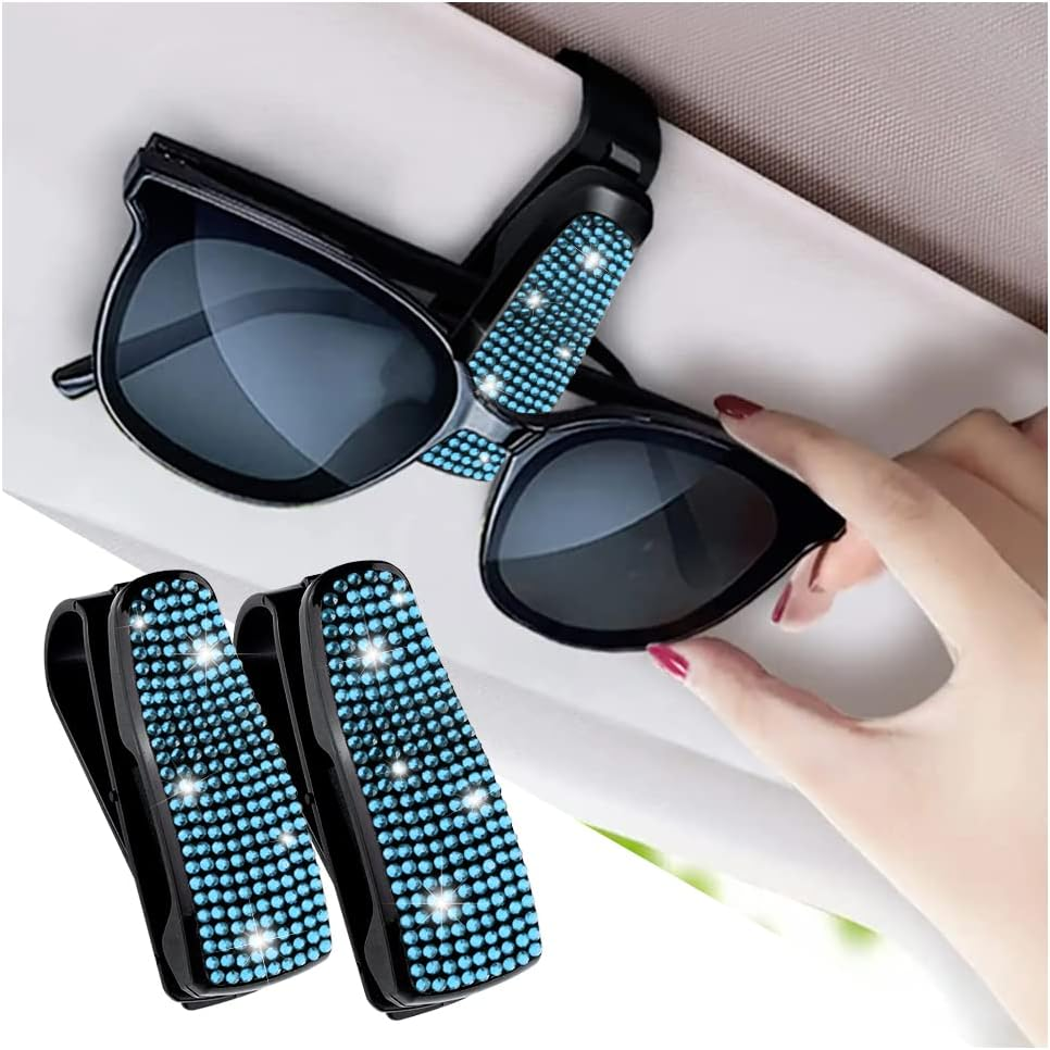 Turcee Set of 2 Bling Rhinestone Car Sun Visor Glasses Holders with Anti-Scratch Sponge,Car Decoration for Women Girls,Ticket Card Clip Visor Organizer,Universal Rhinestone Car Accessories (Colorful)