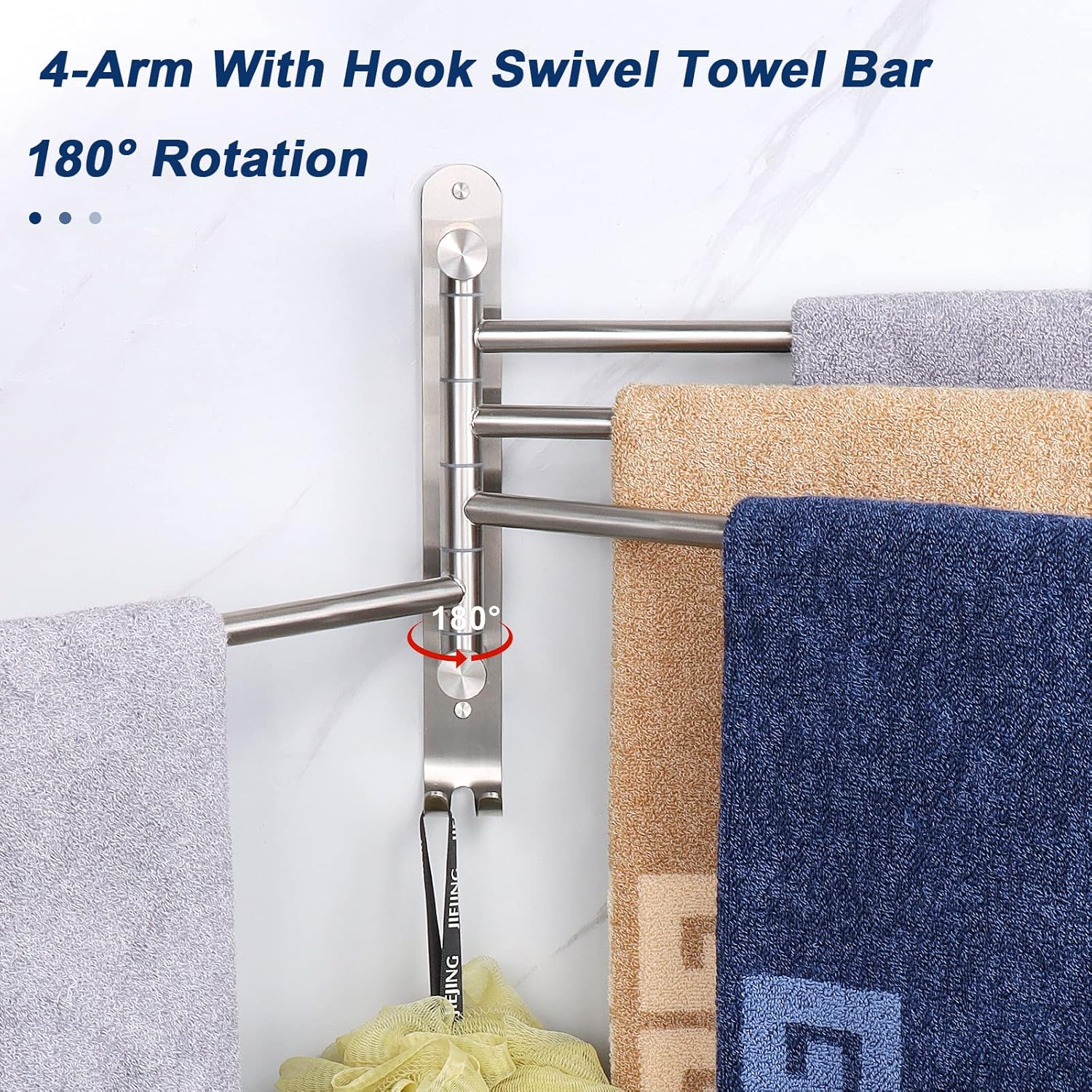 Nearmoon Swivel Towel Rack, Thicken SUS304 Stainless Steel 4-Arm Towel Bar, Space Saving Wall Mounted Towel Holder with Hook, Rustproof Swing Out Towel Hanger for Bathroom, Kitchen (Brushed Nickel) image number 4