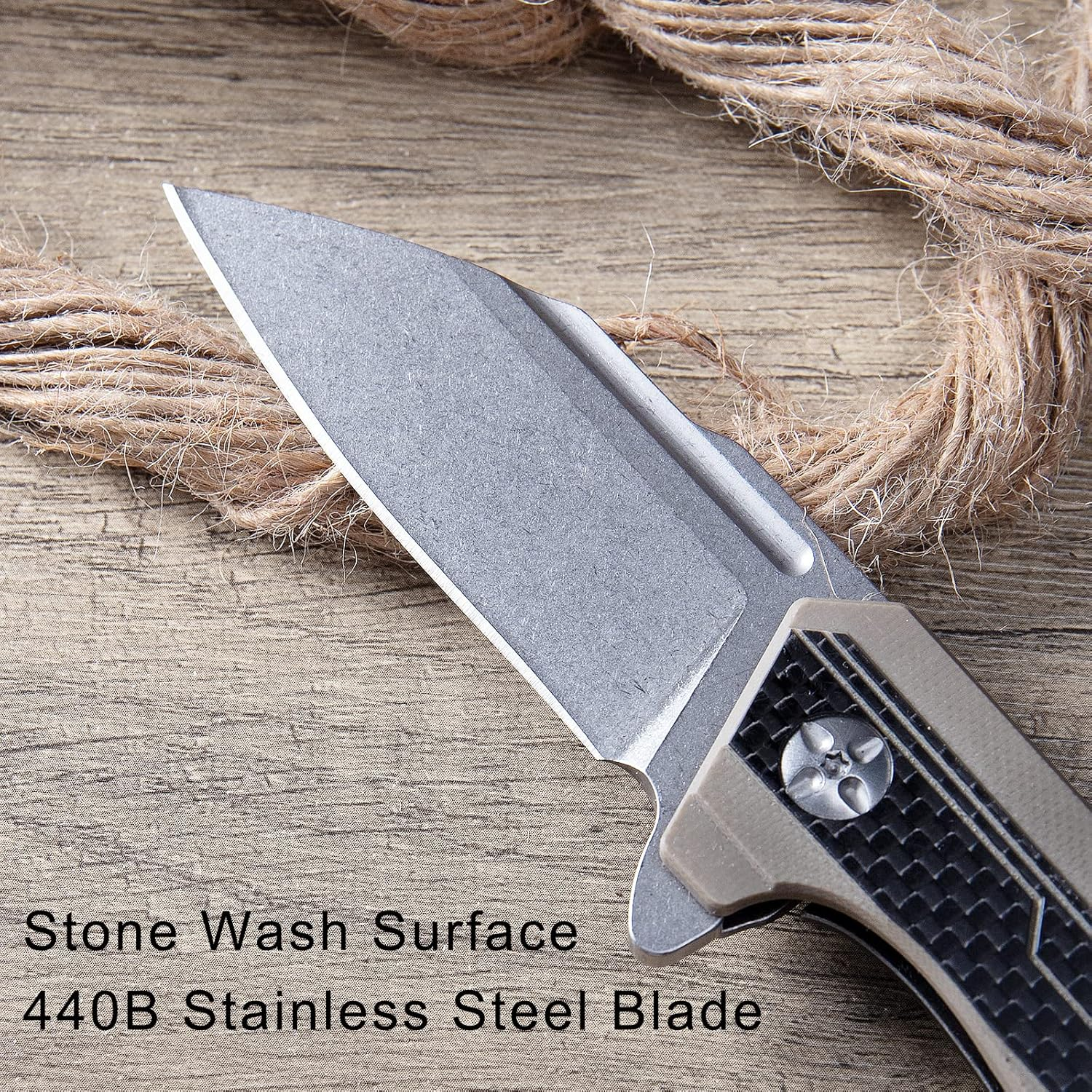 Folding Pocket Knife, Stone Wash Blade, G10 Handle, 440B Stainless Steel, Outdoor Survival Camping EDC Tools (Brown) image number 4