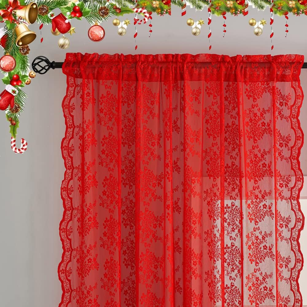 YJ Yanjun Red Sheer Curtains 96 Inches Long for Living Room 2 Panels Set, Beautiful Flower Christmas Lace Curtains Xmas Valentine'S Decor Window, 52 X 96 Inches,Red image number 2
