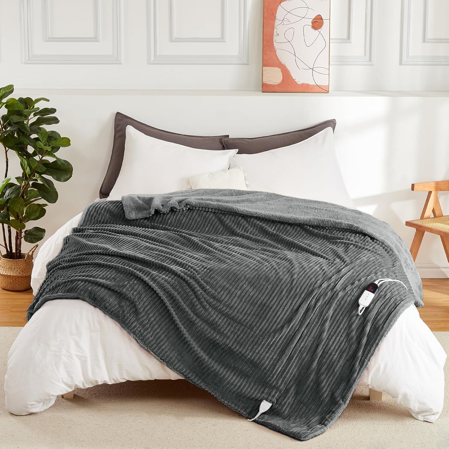 Electric Heated Throw Blanket 160X130Cm, Thick Washable Ribbed Flannel Heating Blanket with 6 Heat Levels, 10 Timer Settings & SAA Certified, Electric Blanket for Bed, Couch & Sofa, Grey