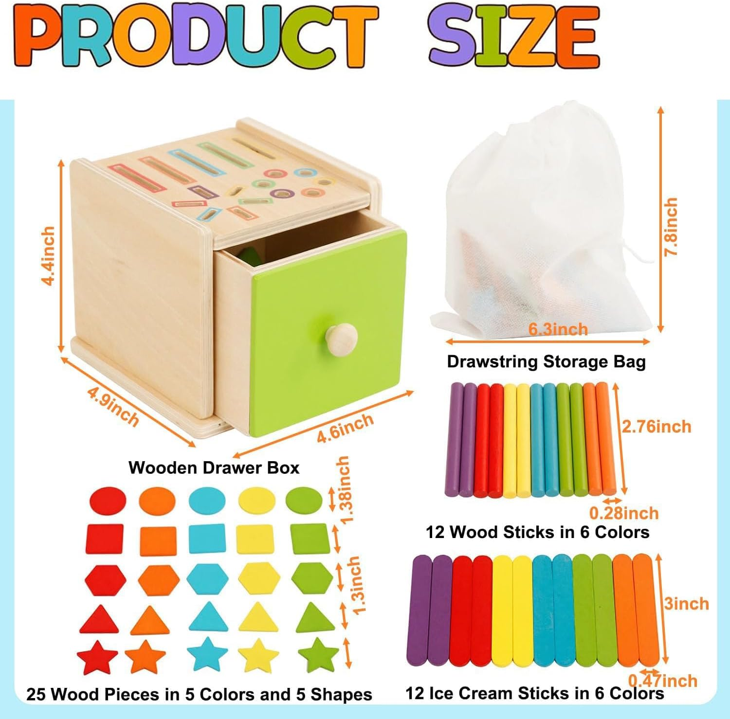 TUNJEJINY Montessori Toys for Toddlers,Wooden Coin Box Color Sorting Toy, 3-In-1 Educational Fine Motor Sensory Matching Games for Girl Boy Child Gifts (Round Stick+Ice Cream Stick+Shape)