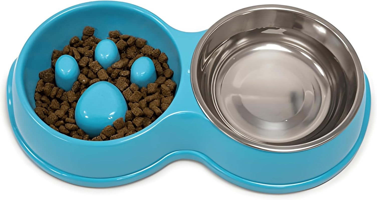 Fur & Bone Double Slow Feeder Dog Bowl | Raised Dog Bowl with Non-Slip Bottom | Dog Bowls | Dog Water Stainless Steel Bowl | Detachable Raised Cat (Blue)