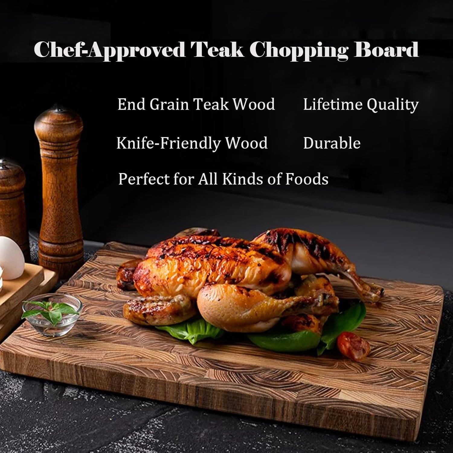 Bierofaro Teak Wood Chopping Board for Kitchen, 40 * 30 * 3 CM End Grain Cutting Board, Wooden Charcuterie Board, Large Butcher Block with Hidden Handles, Reversible, Suitable for Meat, Vegetables image number 2