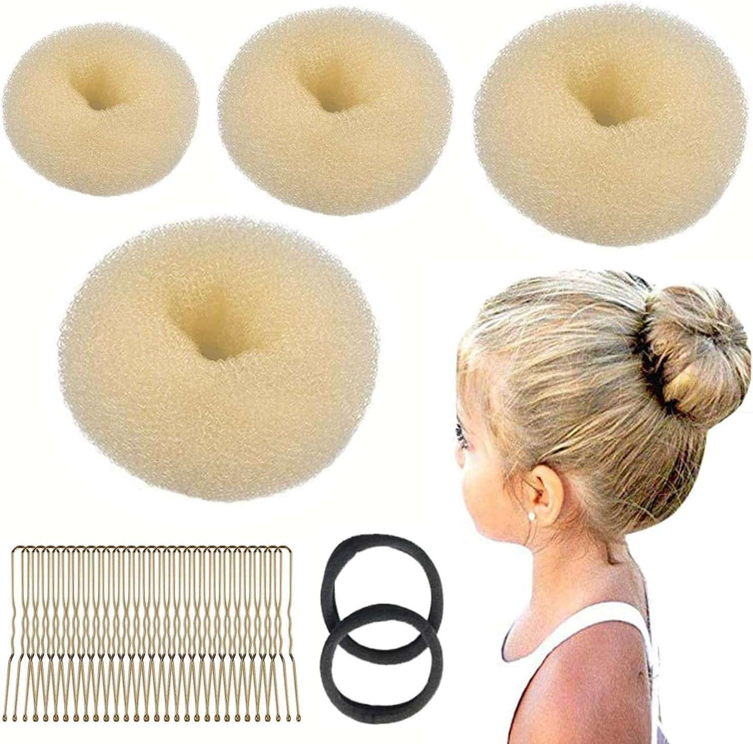 4-Piece Doughnut Hair Bun Maker Set with 2 Elastic Hair Bands, 30 U-Shaped Hair Clip, Hair Pin, Bun Cushion, Bun Maker for Children, Girls, Women (Brown 2)
