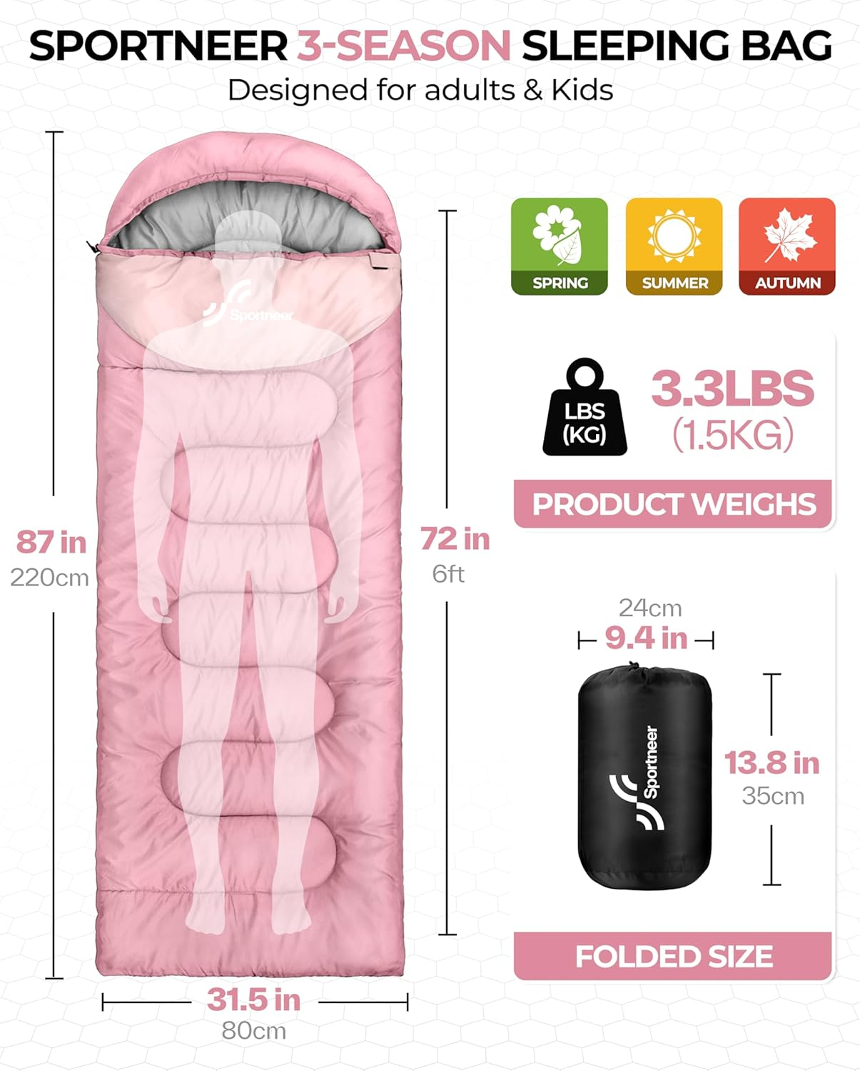 Sleeping Bag for Adults: Sportneer 3 Season Warm & Cold Weather Lightweight Sleeping Bags for Kids Adult Boys Girls Camping Hiking Outdoor Traveling image number 3