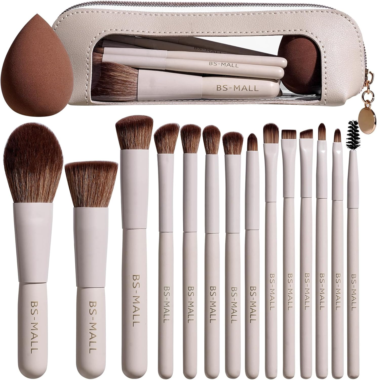 BS-MALL 14 Pcs Makeup Brushes Set with 1 Pcs Makeup Sponge &ndash; Essential Foundation Powder Concealers, Eye Shadows, Blush Makeup Brushes with Travel Makeup Case (Bamboo)