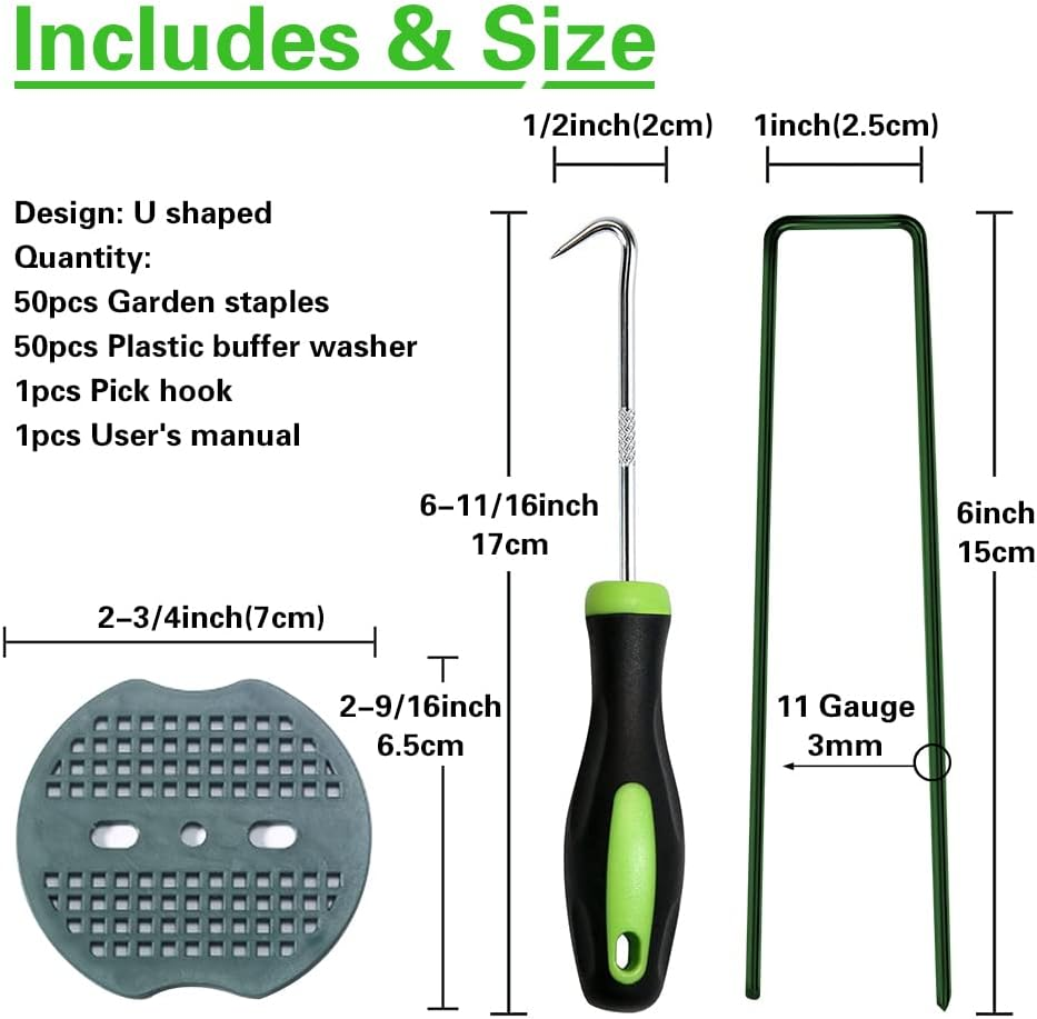 Bakulyor 50Pcs Green Artificial Turf Stakes Staples + 50Pcs Buffer Washer, 6 Inch 11 Gauge Landscape Staples, Galvanized Lawn Spikes, Heavy Duty Yard Ground Pin for Grass Weed Barrier Sod Fabric image number 4