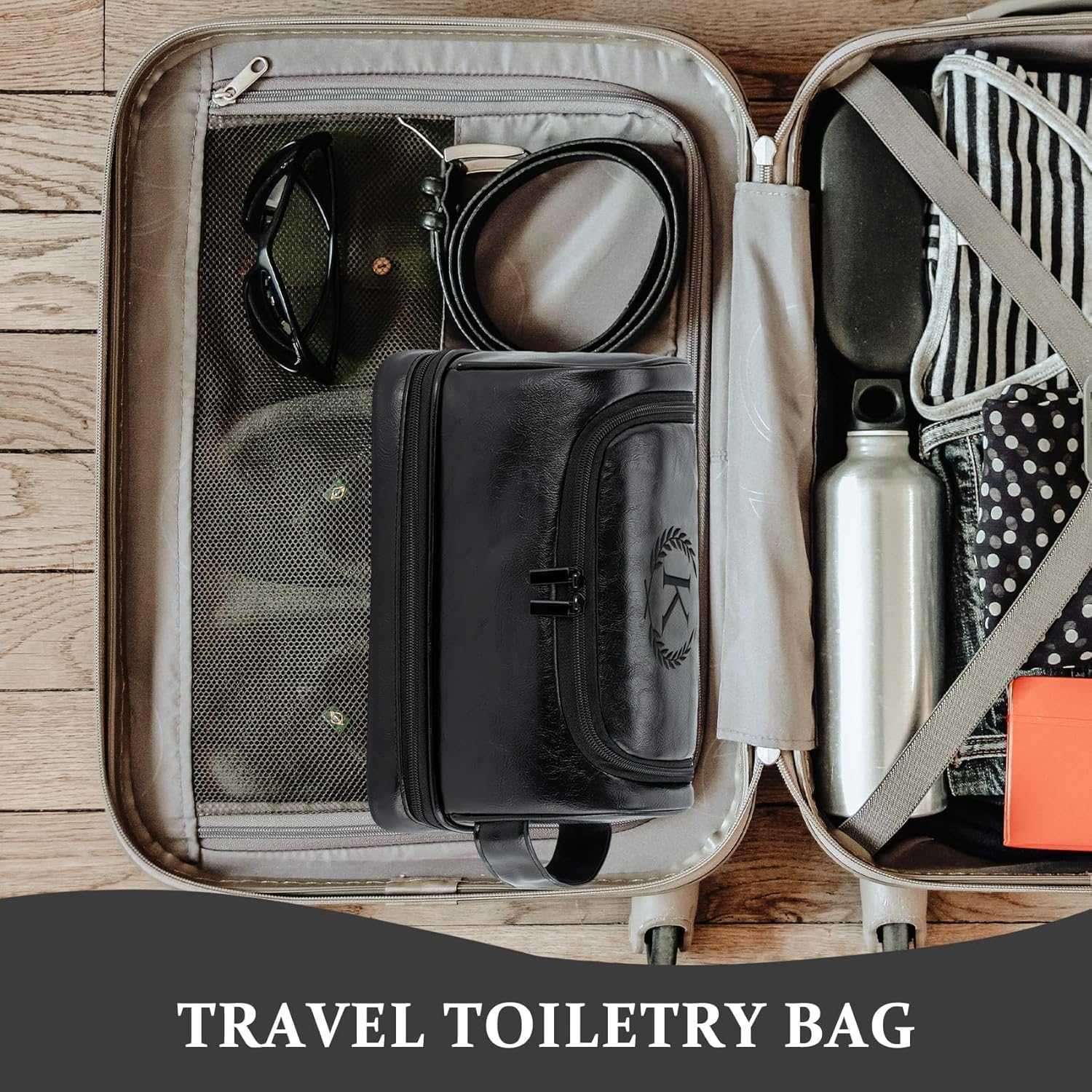 Aganmi Personalized Gifts Travel Toiletry Bag for Men Him, Laser-Engraved Initial PU Leather Waterproof Shaving Bag Christmas Birthday Gift for Men Dad Husband Boyfriend Groomsmen, Black M image number 3