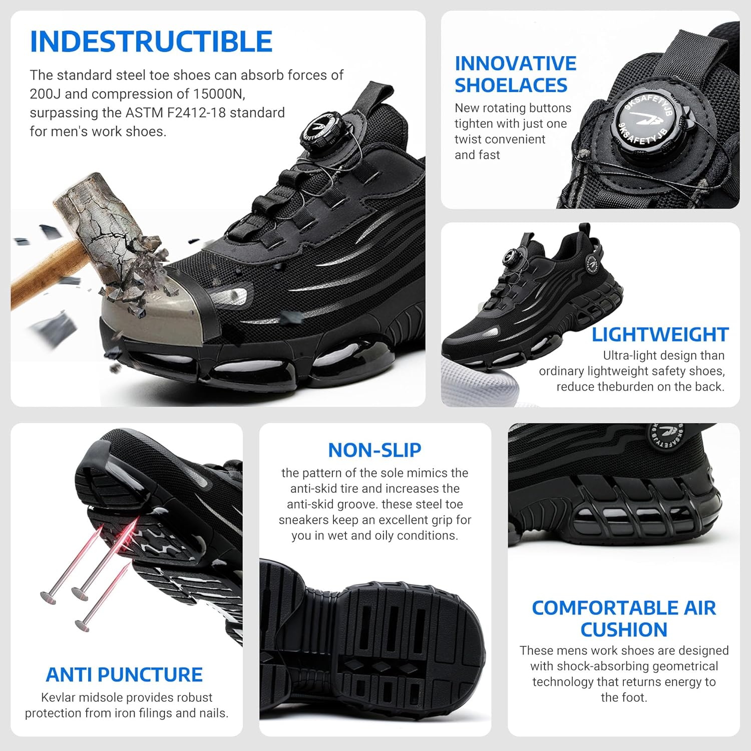 USOR Steel Toe Shoes for Men Women Non Slip Work Shoes Rotating Button Shoelaces Indestructible Steel Toe Sneakers Lightweight Air Cushion Composite Toe Safety Shoes image number 1