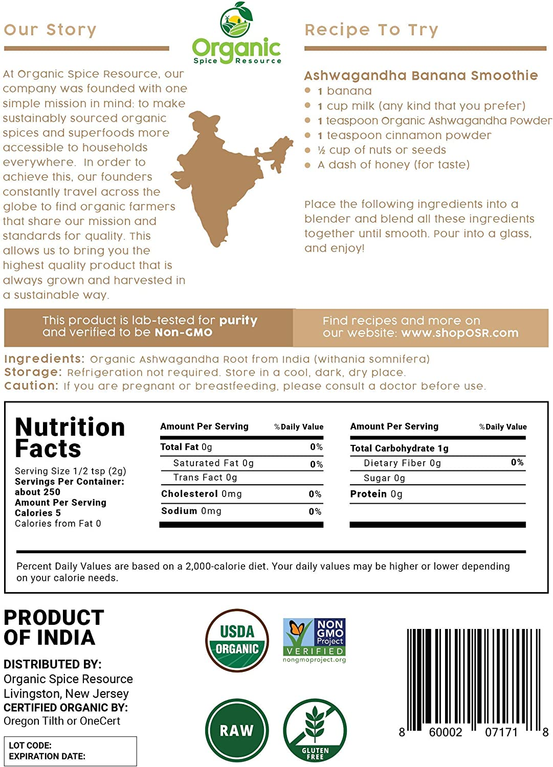 Organic Ashwagandha Root Powder - 1.10 Lbs (17.64 Oz) or 8Oz | Lab Tested for Purity | Resealable Kraft Bag, Non-Gmo, Indian Ginseng, Withania Somnifera -100% Raw from India, by SHOPOSR image number 1