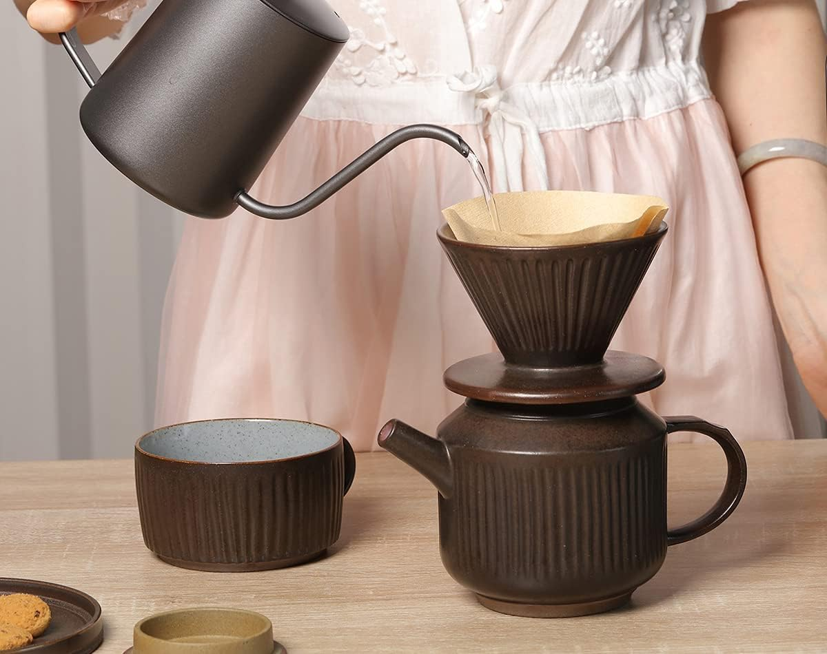 Pottery Pour over Coffee Maker, Ceramic Cone Filter Hand Drip Coffee Dripper, Reusable Stoneware Pourover Coffee Brewer, Size 02 (Rustic Chocolate Brown) image number 2