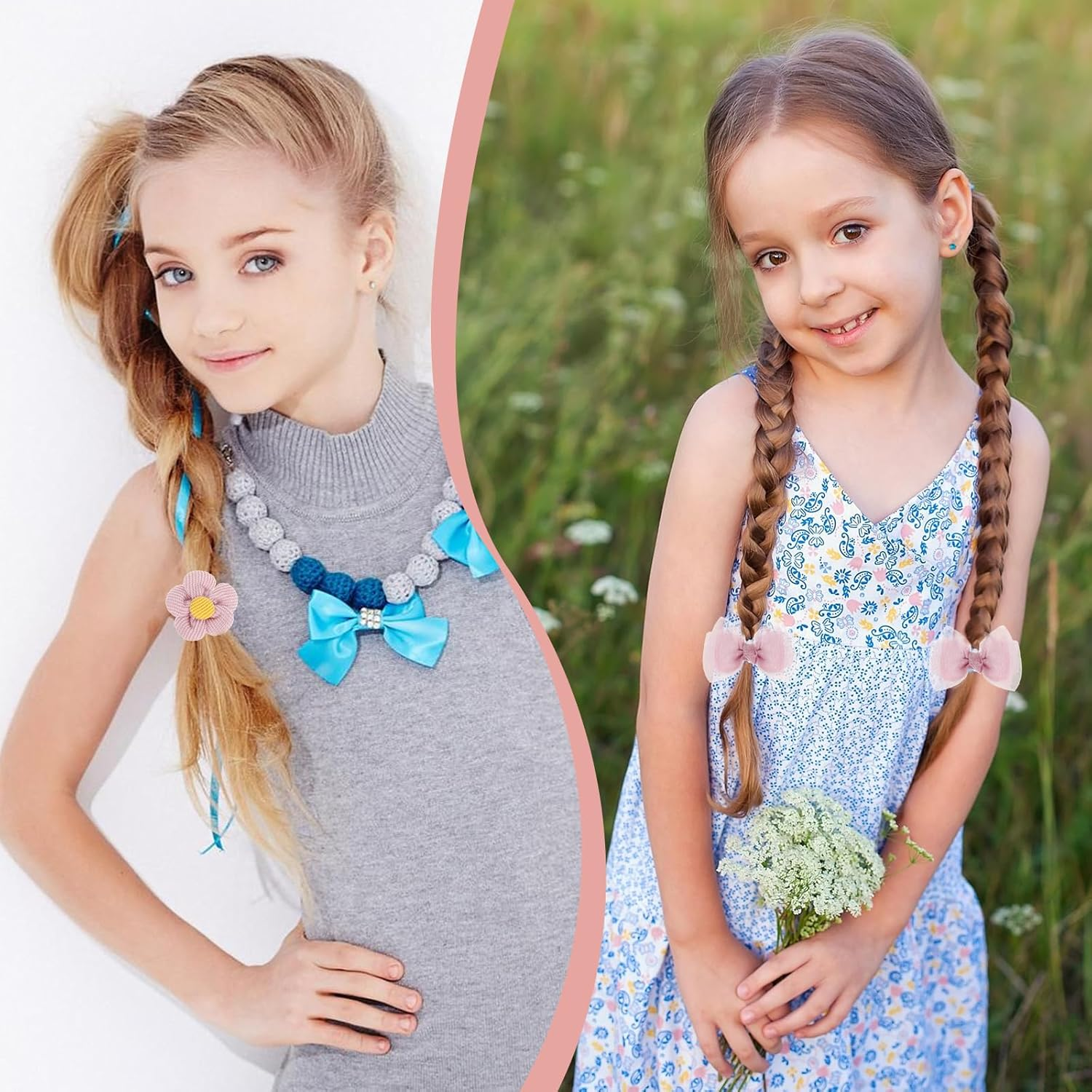 Pack of 10 Cute Hair Bobbles with Bow, Pink Elastic Hair Bands, Cute Flower Hair Scrunchies for Baby Girls, Toddlers, Accessories image number 6