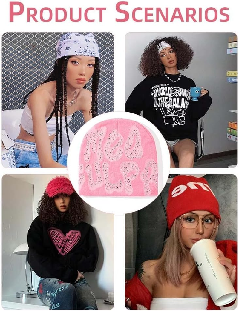 JDFHFGB Y2K Beanie Hats, Pink Bling MEA Culpa Graphic Beanies Designs,Streetwear Headwear Skull Cap for Men and Women, Soft Knitted Hat Crochet Hat for Winter