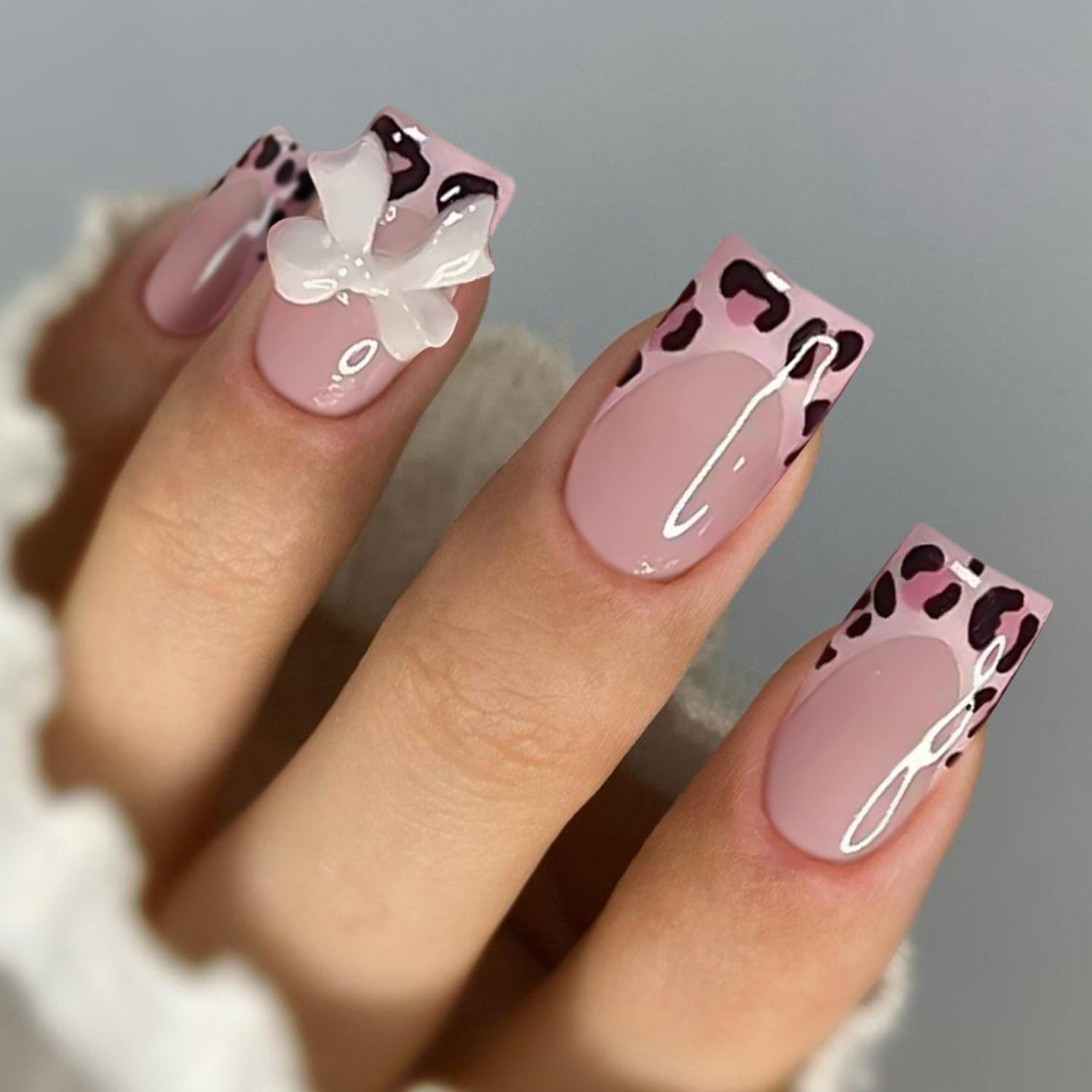 Almond Press on Nails Coffin Shape &ndash; 3D Floral Design with Rhinestones, Long French Tip Acrylic False Nails, Handmade Elegant Fake Nails for Women, Nail Art Accessories
