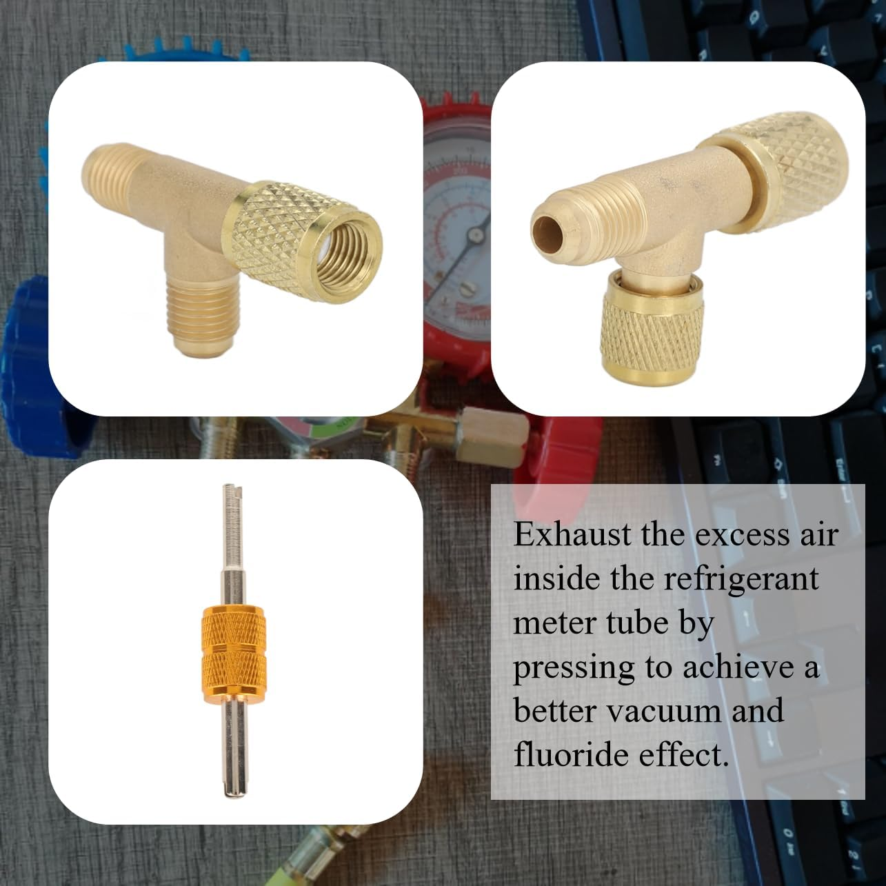 1/4In Valves Core Brass Tee Adapter, Quick Coupler Access Tee Fittings for Vacuum Gauge R22 R12 R134 Refrigerant, 1/4In SAE Adapter, Air Conditioning Line Repair Tool image number 4