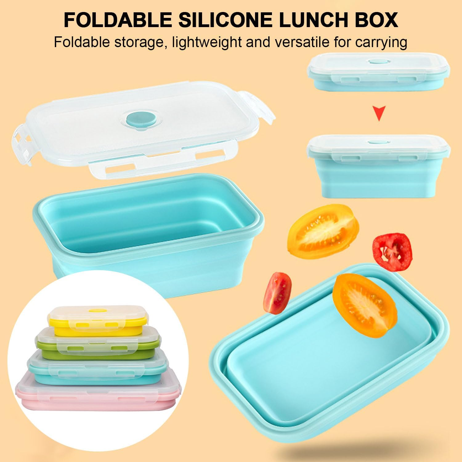 4-Pack Collapsible Food Containers, Silicone Storage Set with Lids, Silicone Lunch Bento Box, Microwave & Dishwasher Safe, 350/500/800/1200ML image number 2