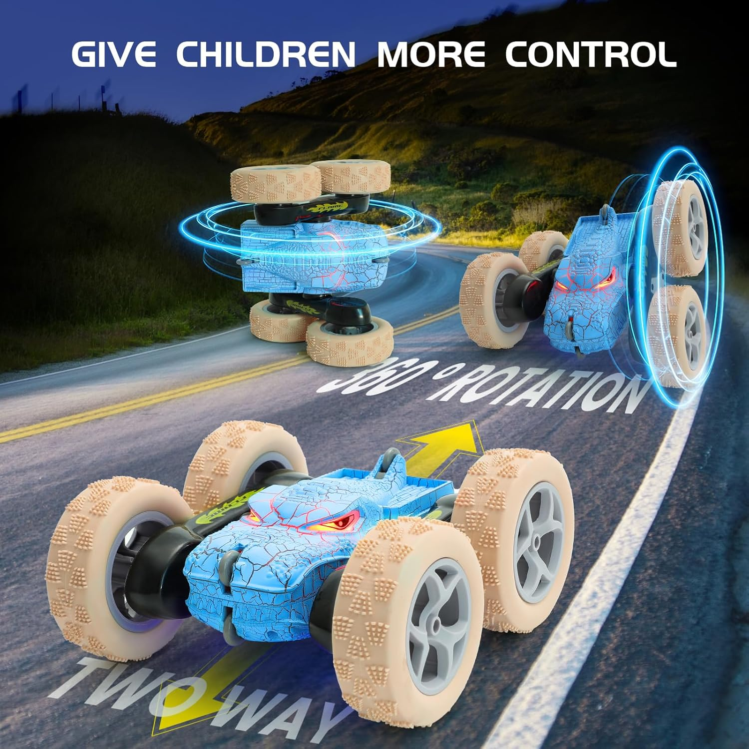 Remote Control Car for Kids &ndash; 2.4Ghz Dinosaur Monster RC Stunt Car - 360&deg; Rotating Drift with LED Lights - Rechargeable 4WD Toy for Boys and Girls Ages 6+ - Indoor/Outdoor RC Vehicle (Blue) - Blue image number 5