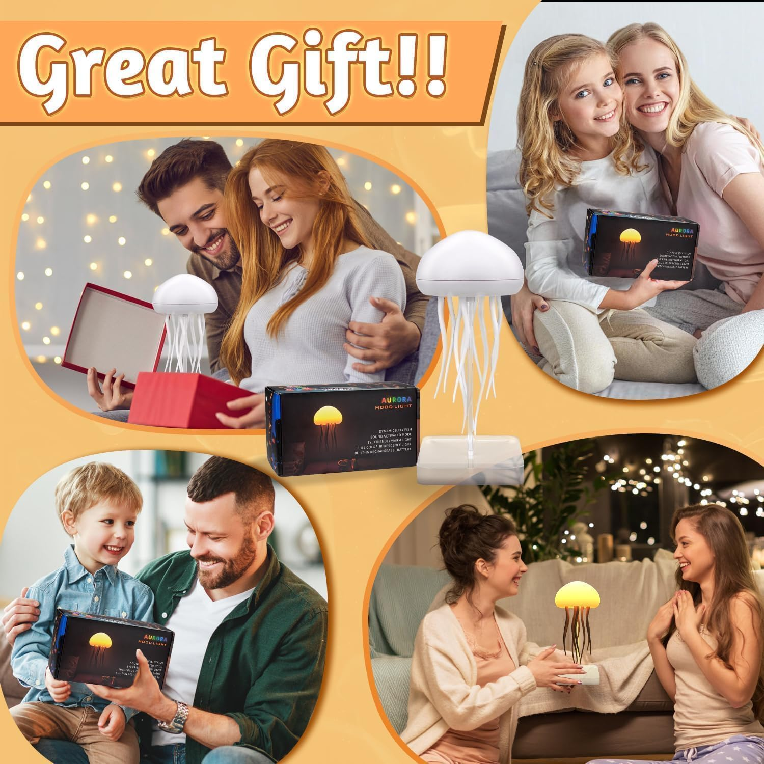 Voice-Controlled LED Jellyfish Lamp, RGB Gradient Jelly Fish Light with Dancing Legs, Touch Sensor Rechargeable Cute Desk Lamp for Bedrooms, Living Room (Hanging + Base)