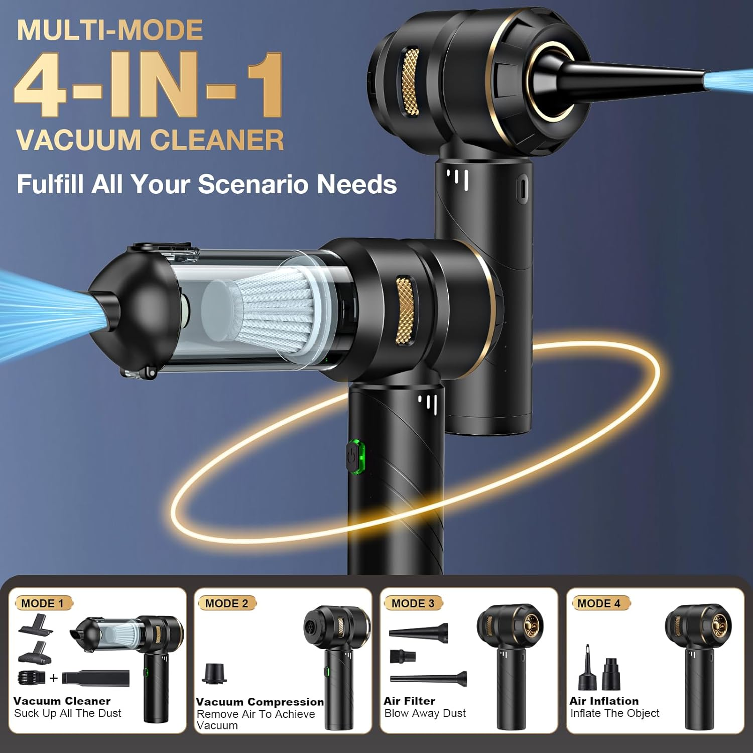 Car Vacuum Cleaner Cordless, Handheld Vacuum 25000PA High Power Suction, 4-In-1 Compressed Air Duster & Air Blower & Pump, Portable Vacuum Cleaner with 3 Gears for Home, Pet, Keyboard image number 4