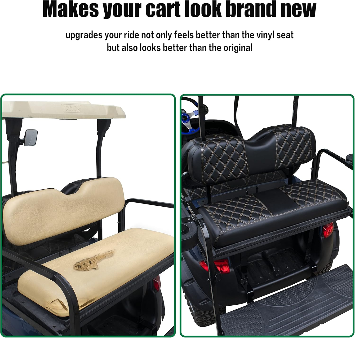 NOKINS Golf Cart Diamond Vinyl Seat Covers, Fit Club Car Precedent DS EZGO RXV TXT Yamaha Drive Aftermarket Regular Rear Seat Cushion, No Stapler, Multiple Colors and Breathable (Black&Brown Stitch) image number 3