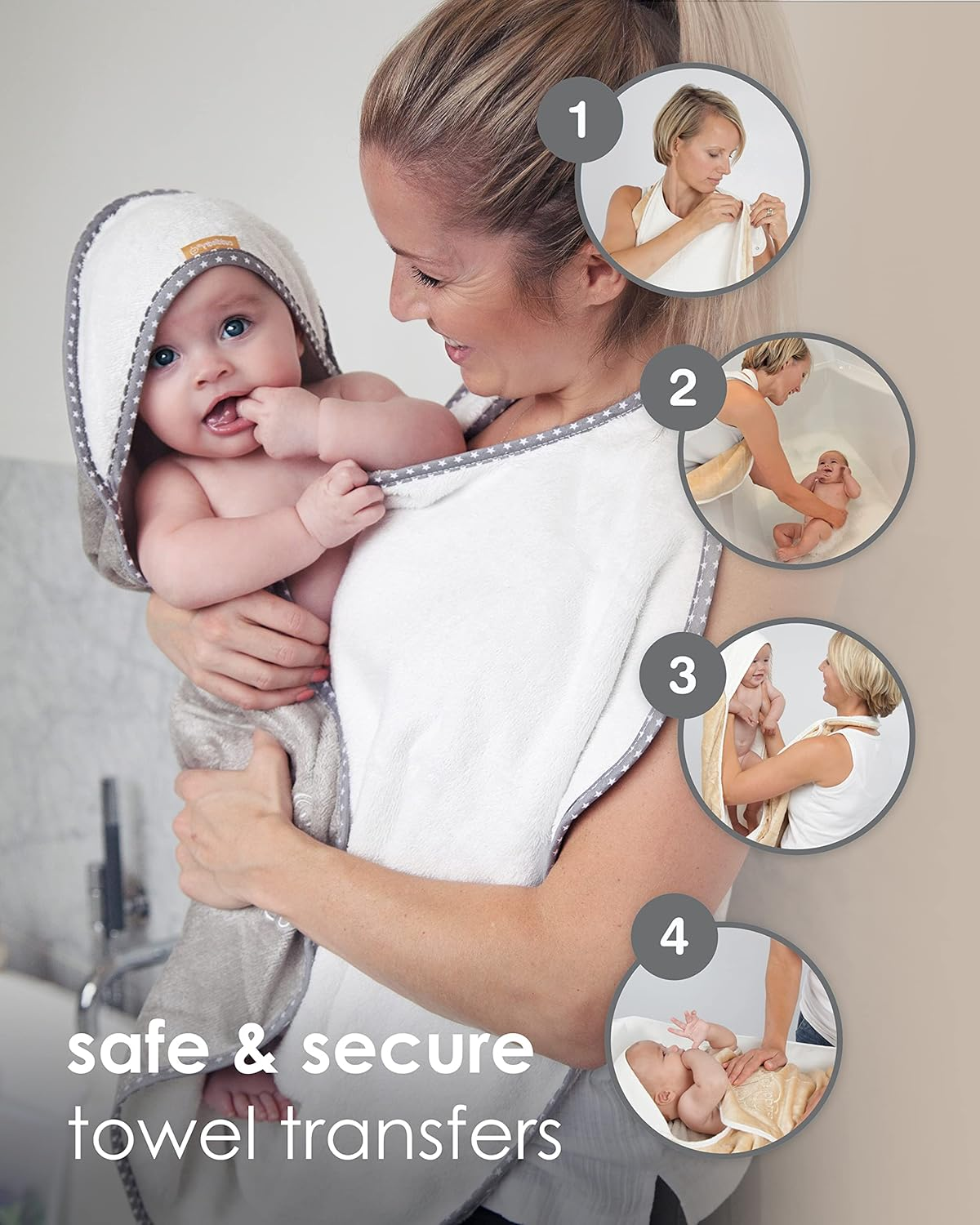 Cuddledry Hands-Free Baby Bath Towel | Soft Bamboo & Cotton Apron | Newborn Support & Gift | Fast-Drying, Safe & Absorbent | Grey - White image number 4
