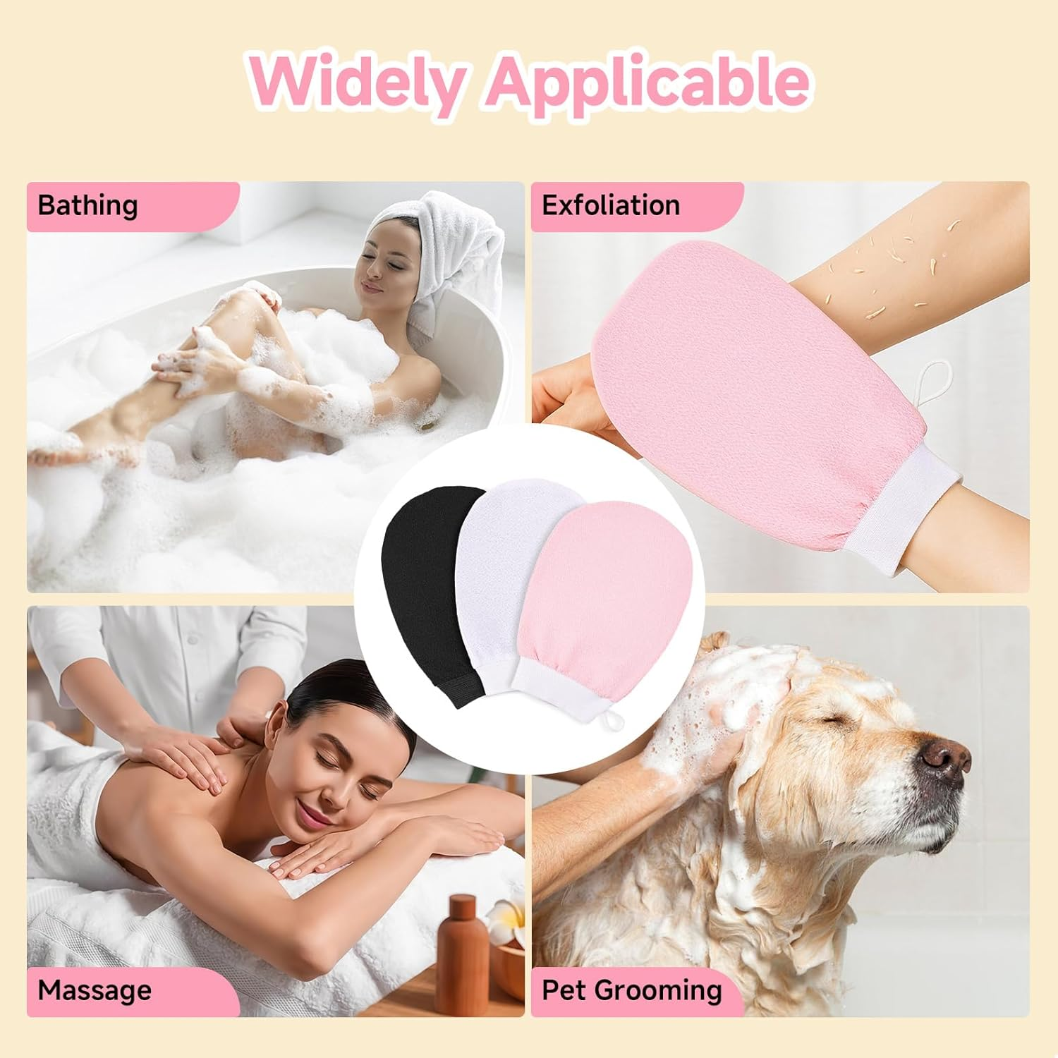 Havenease 3-Pack Korean Exfoliating Mitts & Gloves Set,Deep Cleansing Scrub Gloves,Remove Dead Skin Bath Body Scrub Mitt for All Skin Types and Improve Blood Circulation,Spa,Shower,Dead Skin Cell Remover (White, Pink, Black) image number 3