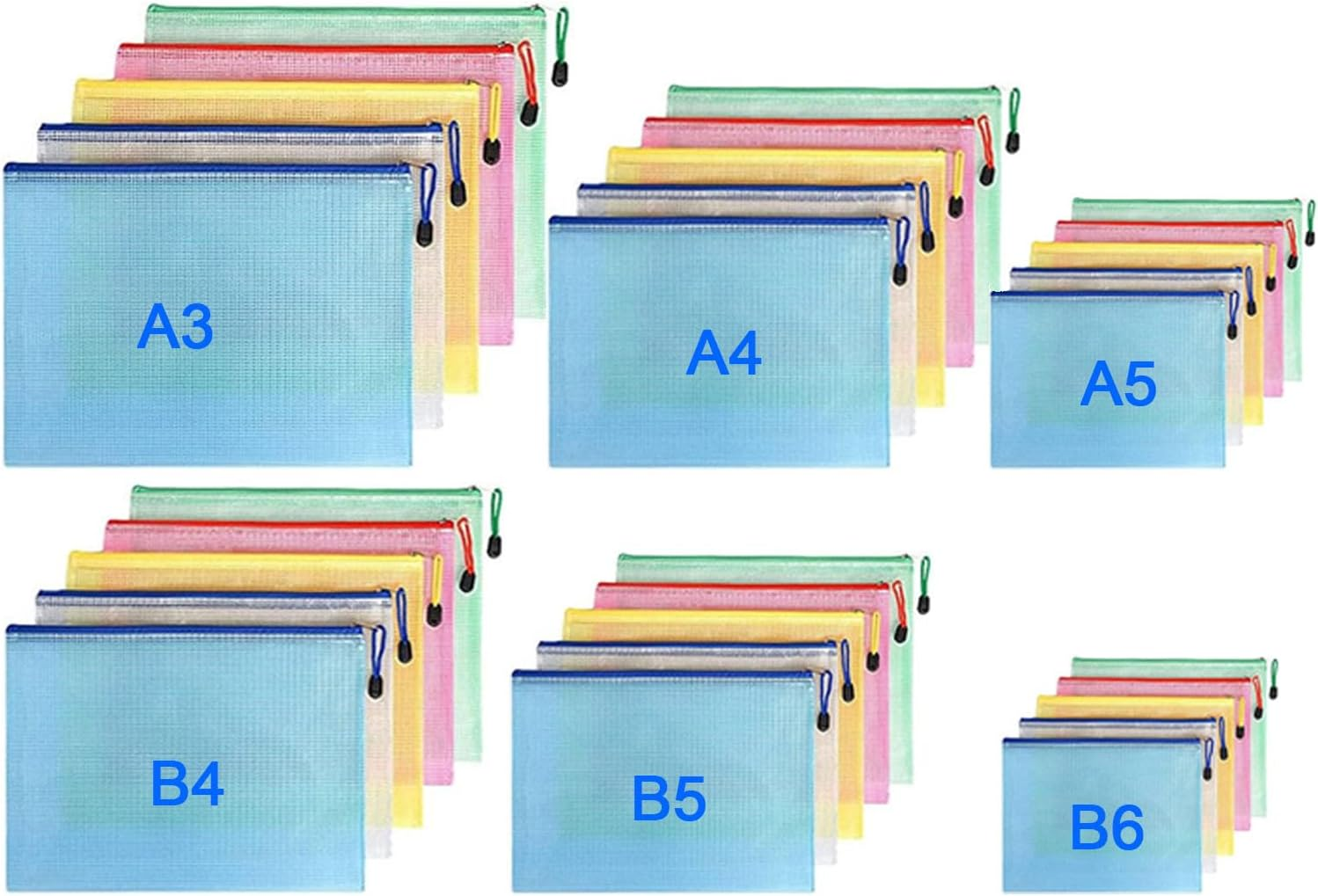 WADY 30 Pack Mesh Zipper Pouch Document Bag, A3 A4 A5 B4 B5 B6Size Waterproof Document Pouch for School Office Supplies, Cross Stitch Organizing Storage A3A4A5 Mesh Zipper Pouch (Mixed Color) image number 4