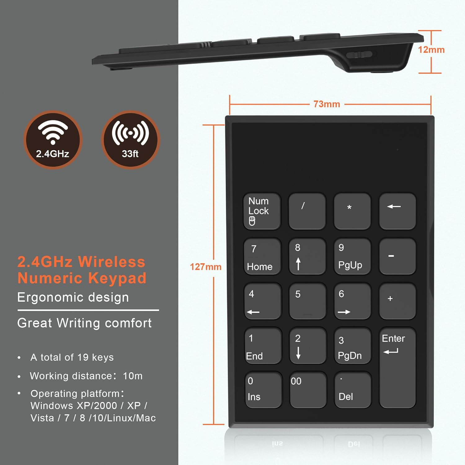 Wireless Number Pad and Mouse, 19 Keys Portable Ultra Slim 2.4Ghz 10 Key USB Keypad and 3 Adjustable DPI Silent Mouse Set for Laptop, Notebook, Desktop, PC Computer - Use One USB Receiver image number 3