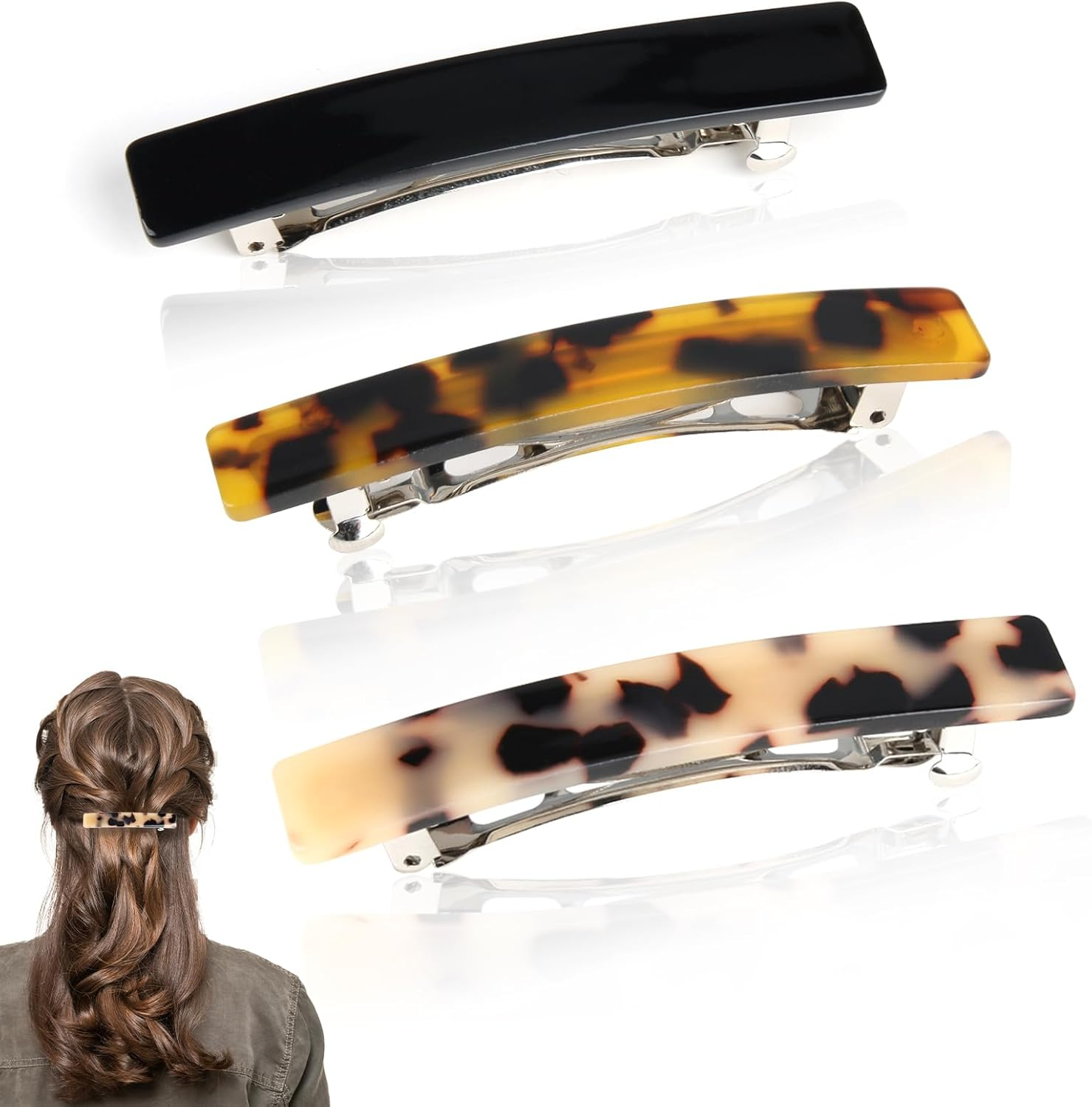 Joynine Pack of 3 Hair Clips, Women'S French Hair Clip, Rectangular Hair Clip, Automatic Small Hair Clips for Fine, Thin, Medium Thick Hair (Black/Dark Tortoiseshell/Light Tortoiseshell) image number 4