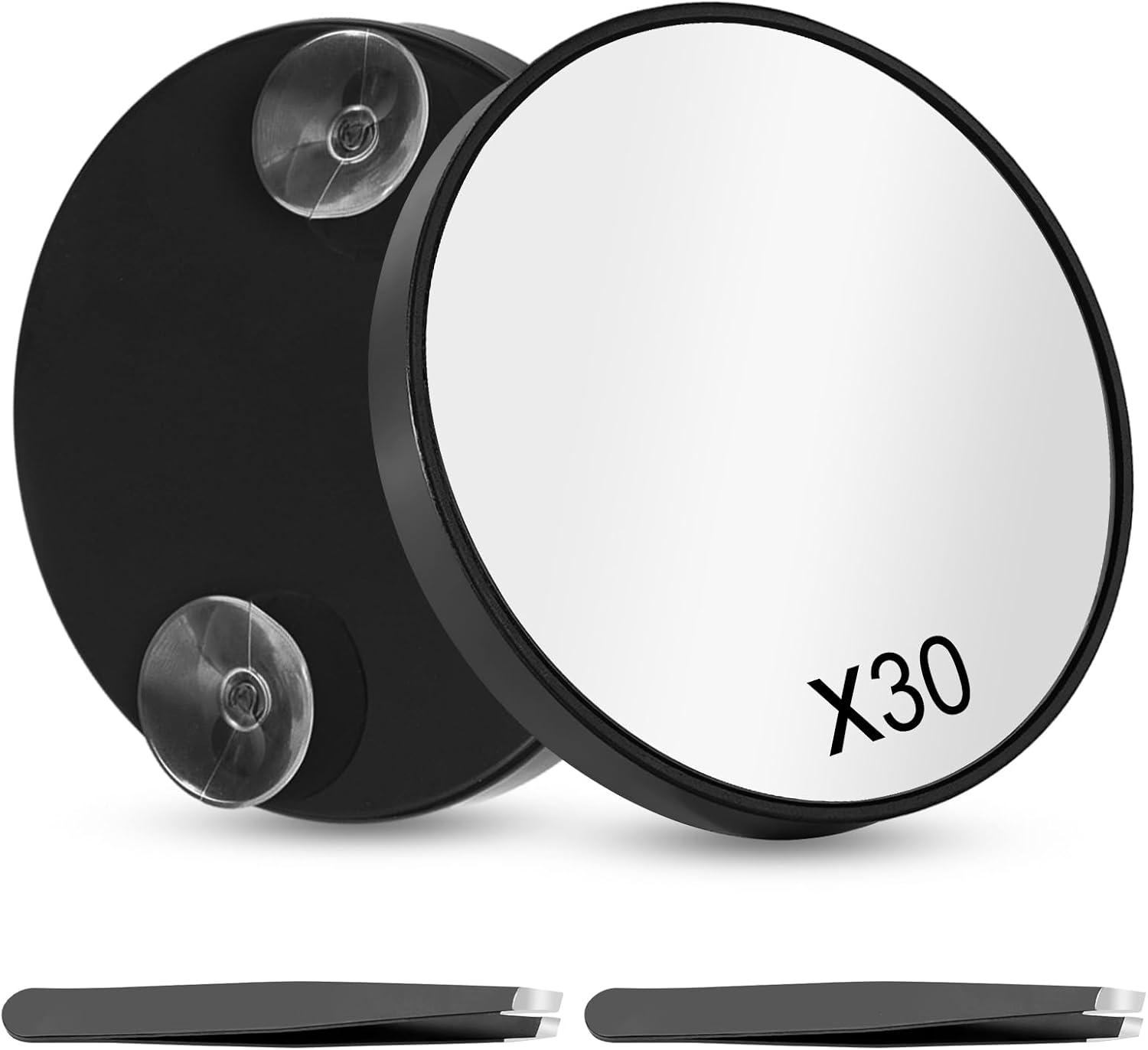 30X Magnifying Mirror, 3.5 Inches Magnifying Mirror with Suction Cup and 2Pcs Tweezers, Stick on Shower Mirror Travel Pocket Magnifying Mirror Plucking Eyebrows Mirror Set -White
