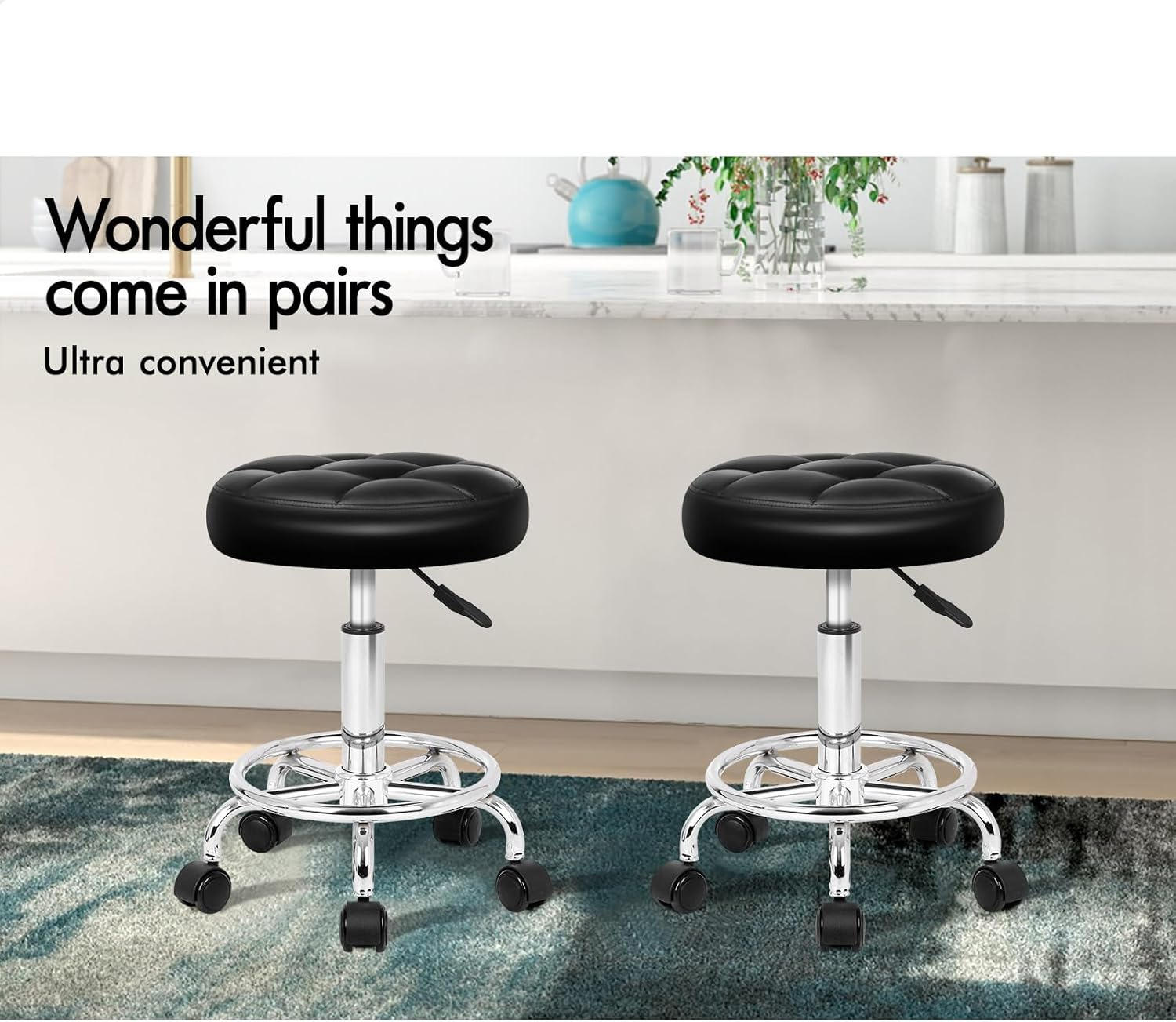 ALFORDSON PU Leather Salon Stool Riley Series, Office Drafting Rolling Stools in 52-67Cm Adjustable Height, Swivel Spa Chair with Footrest Wheels for Barber Shop Massage Table, Black image number 6