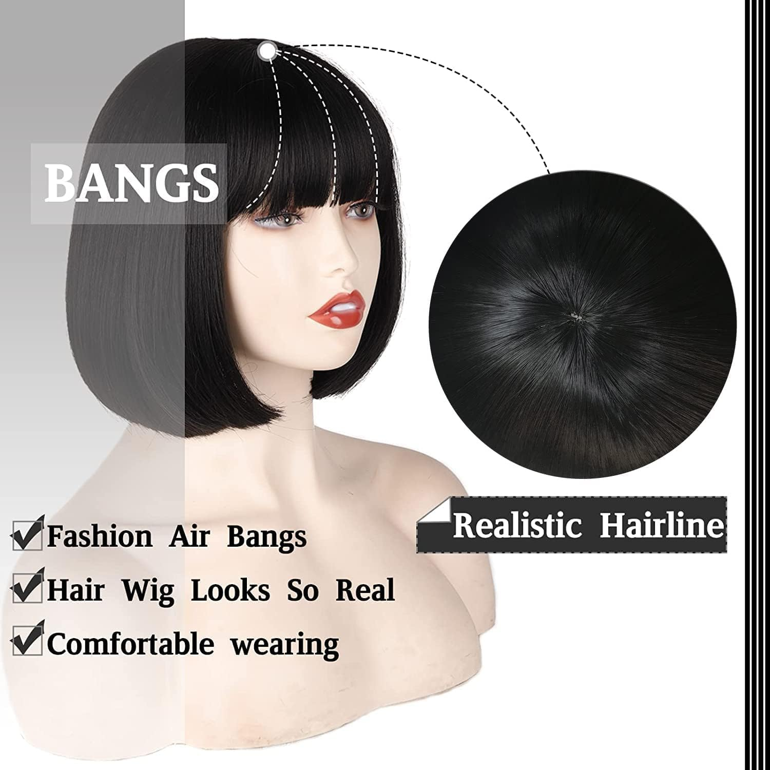 Creamily Black Short Bob Wig,Straight Black Bob Wig with Bangs, 12 Inch Straight Bob Bangs for Women Natural Looking for Party Halloween Costume Cosplay Party Daily Use