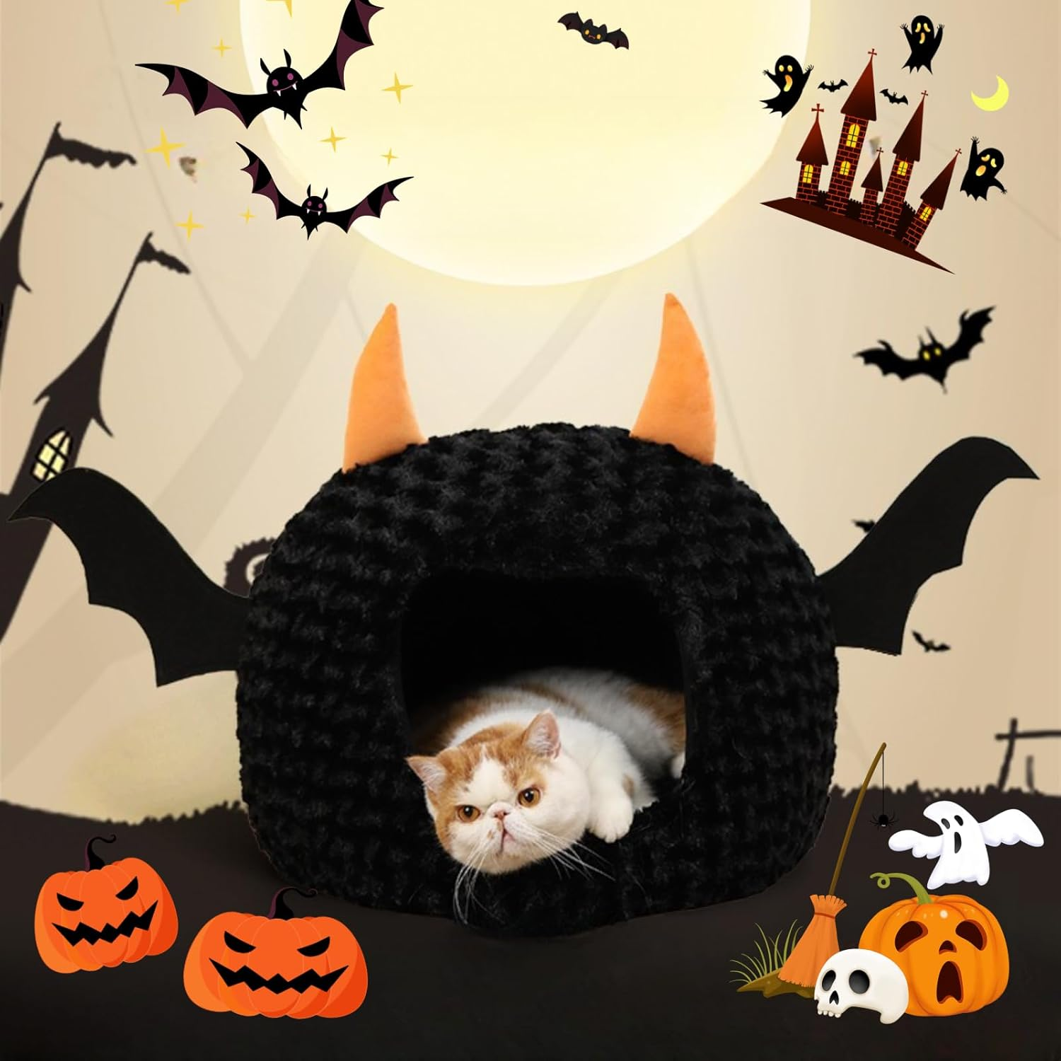 Funny Cat Bed Halloween Large Cat Cave Nest Warm Cute Kitten Bed Mattress Cartoon Ultra Soft Plush Removable Cushion