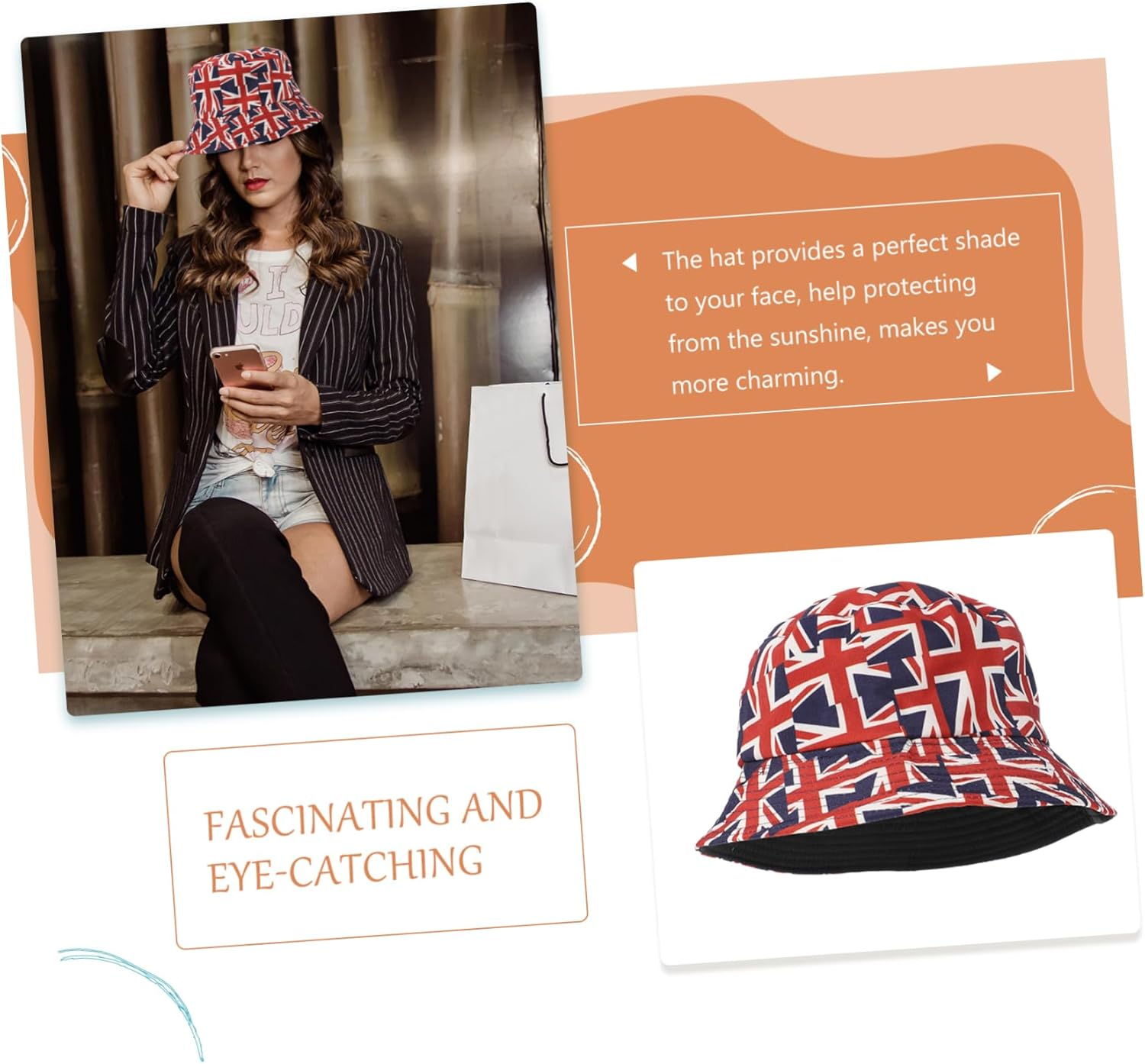 HAPINARY Reversible Union Jack Bucket Hat for Women Teen Girls Fashionable Sun Fits for Festivals Outdoor Activities Unique Flag Print Design Red