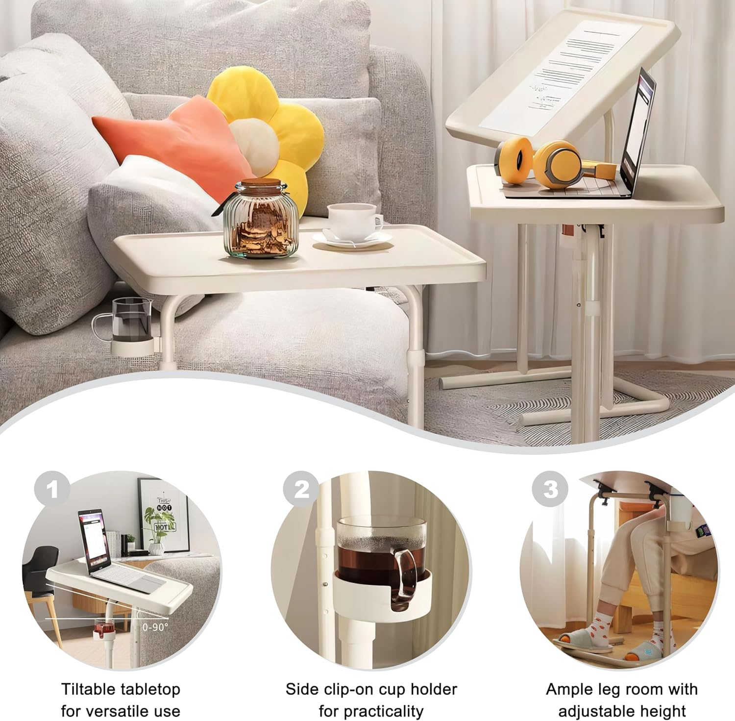 ONEIN Adjustable Laptop Table with Cup Holder &ndash; Compact Side Table, Computer Stand Table, Home Office Desk for Couch, Bed, and Small Spaces, Tilt and Height Adjustable, Sturdy Metal Frame image number 1