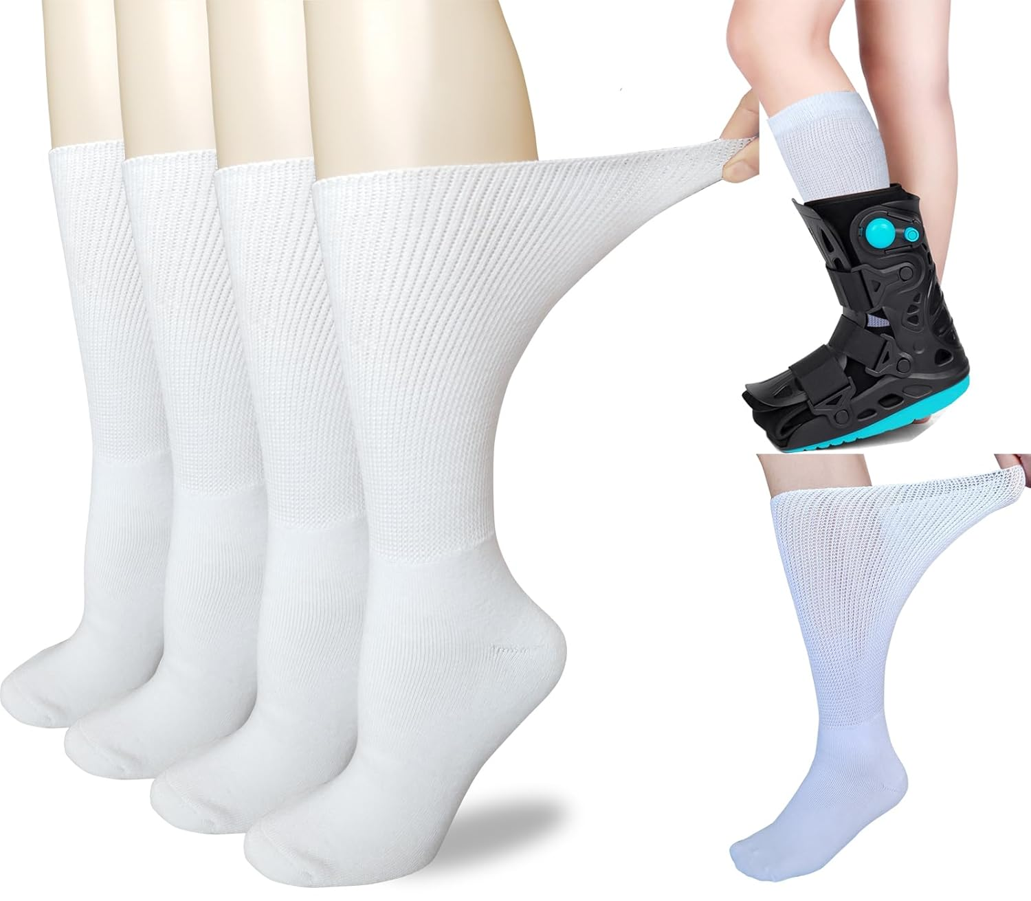 Replacement Sock Liner for Walking Boot or Walker Brace - Air Cam Walkers and Fracture Boot Orthopedics Socks Medical Mid Calves Sock (2 Pairs(White), One Size), 2 Pairs(White), One Size image number 1