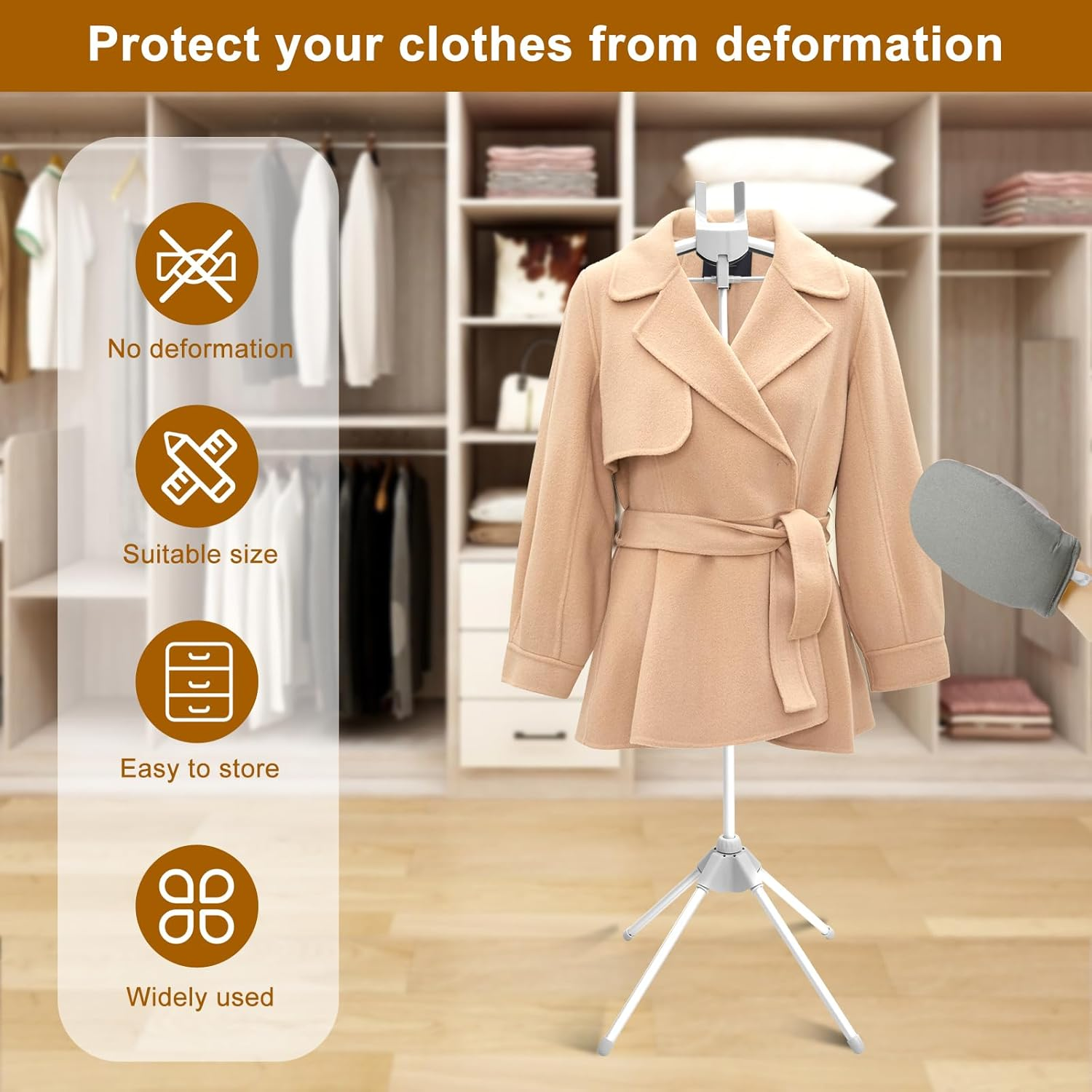 Steamer Clothes Rack with Ironing Glove Floor Standing Foldable Garment Steamer Rack Lightweight Adjustable Height Steamer Stand Rack for Steaming Clothes (Grey) - Black image number 7