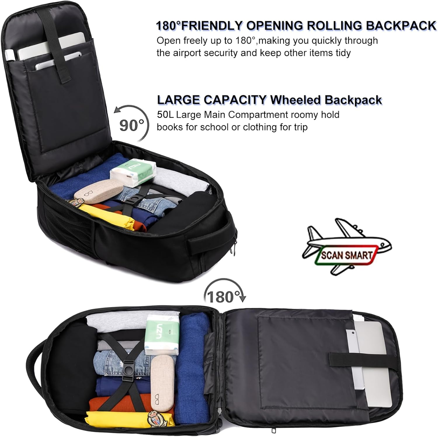 Travel Backpack with Wheels, 55X36X25 Cm Large Rolling Wheeled Travel Rucksack for Men Women, Trolley Business Suitcase Hand Luggage College School Computer Bag, Fit 18.4'' Laptop, Black image number 2