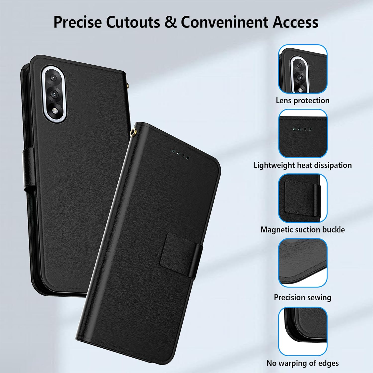 Aiziki for Nord 5 Phone Case, Leather Flip Case with 3 Card Slots & Kickstand, Anti-Drop, Magnetic Closure, Compatible with Nord 5 Case- Black image number 2