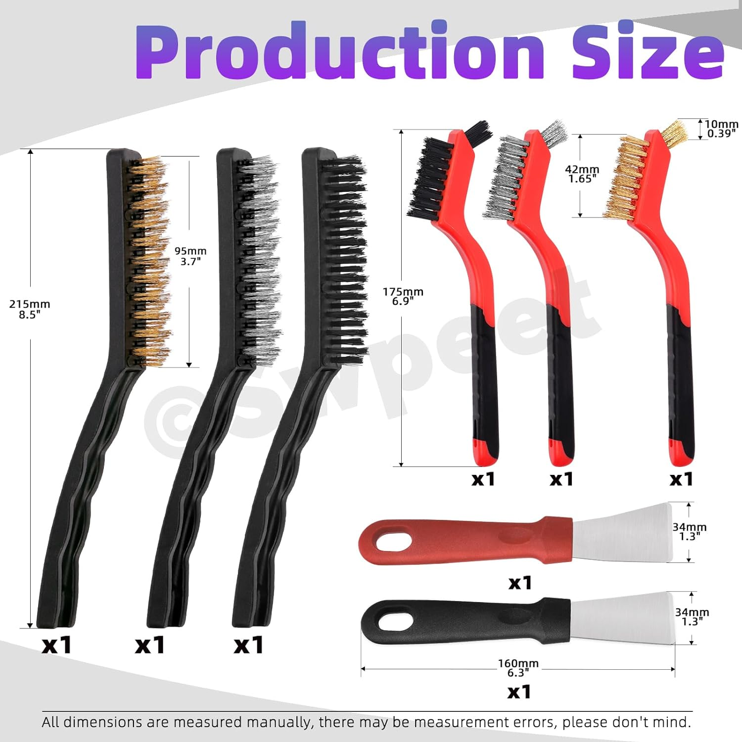 Swpeet 8Pcs Red Small Wire Brush Set, Wire Brush Shovel Set with Curved Handle Grip for Cleaning Rust, Included 2Pcs Brass Brushes, 2Pcs Stainless Steel Brushes, 2Pcs Nylon Brushes, 2Pcs Scraper