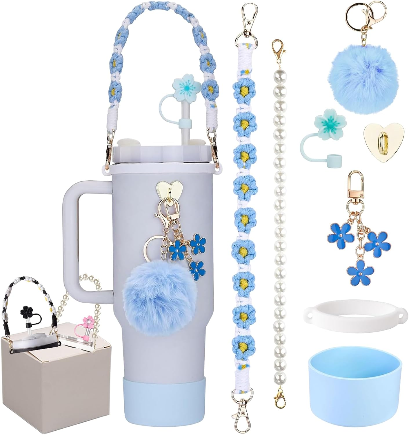 Stanley Cup Accessories Set, Stanley Accessories Including 2 Handle Carrier Straps, Siliocne Stanley Cup Boot, Siliocne Straw Cover, 2Stanley Charms for Stanley Cup 40Oz & 30Oz Tumbler- Blue