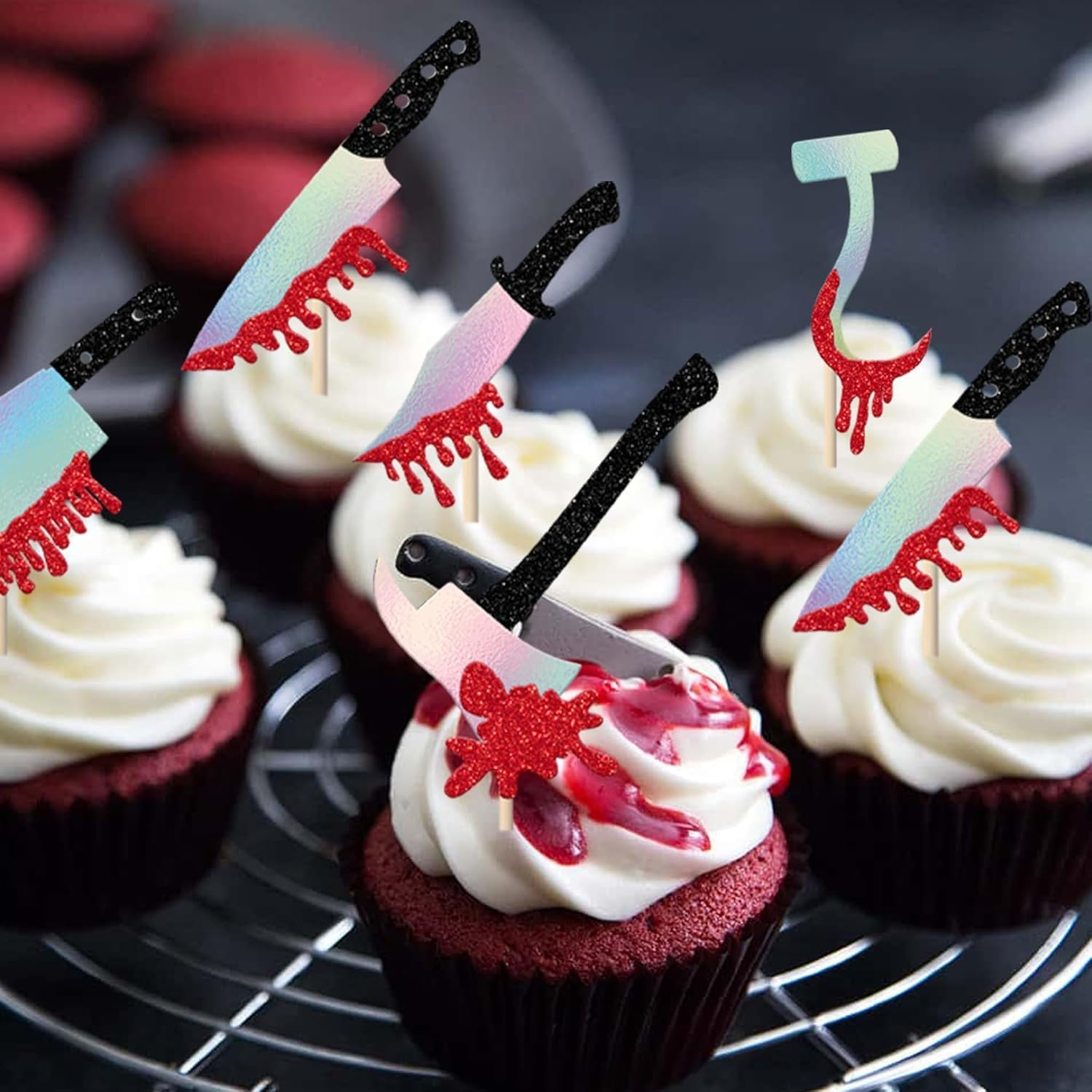 SYKYCTCY 30 Pack Halloween Knife Cupcake Toppers Glitter Scary Bloody Knife Cupcake Picks Killer Birthday Cake Decorations for Happy Halloween Theme Baby Shower Party Supplies (#1)